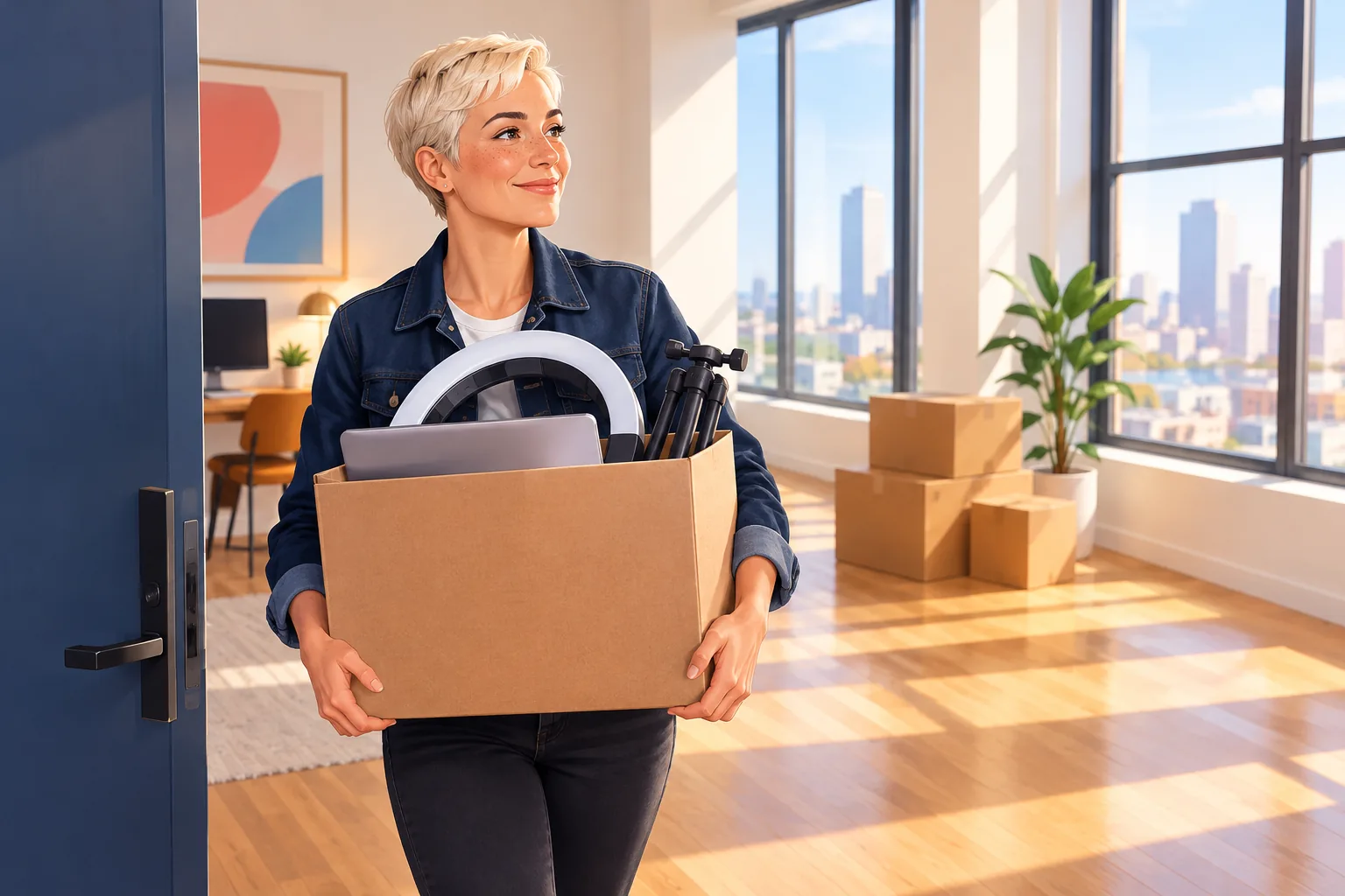 Creator carrying a box of filming gear and her laptop into a bright new studio on moving day, smiling