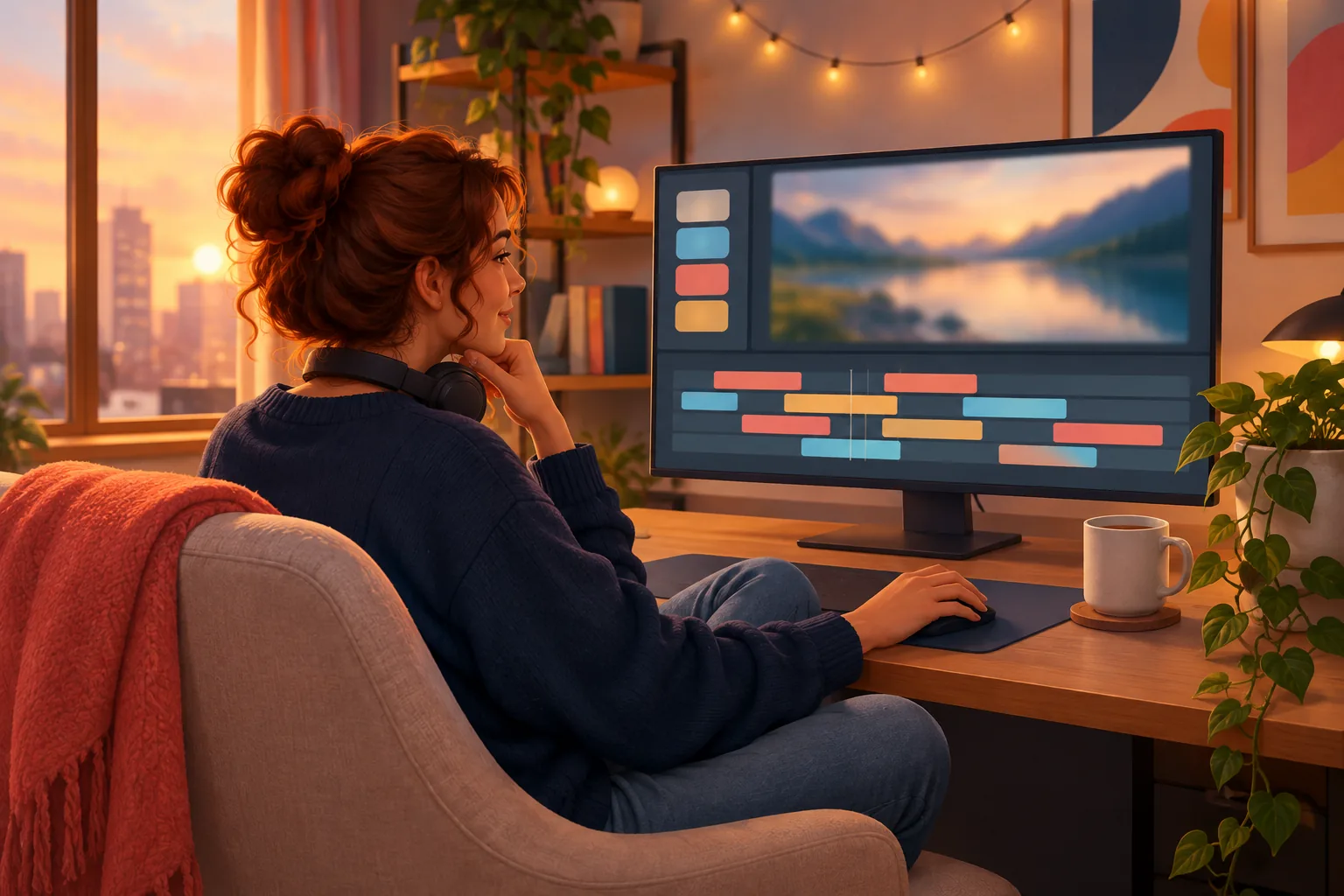 Creator in a cozy chair at golden hour happily editing her next video instead of writing a newsletter