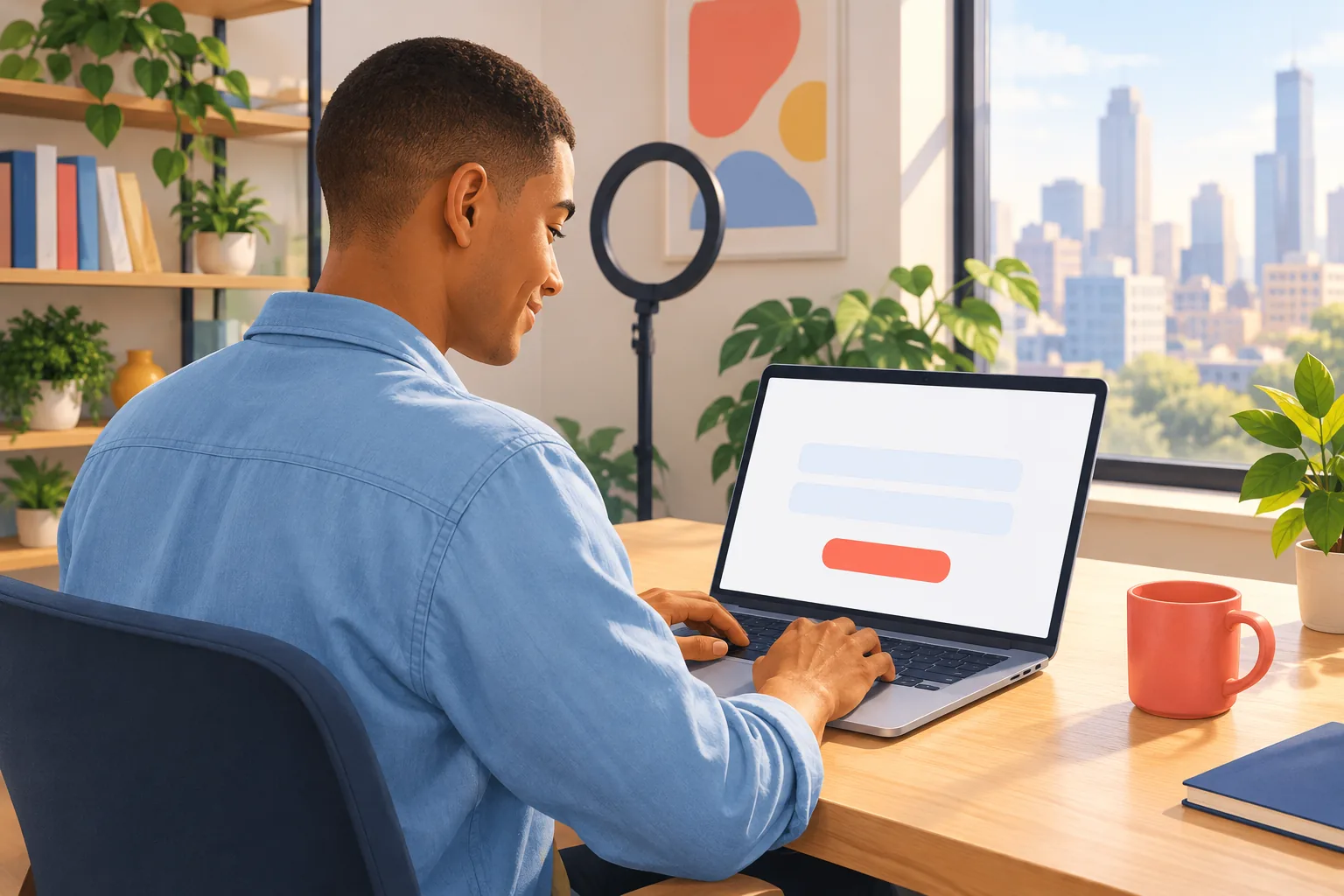 Creator at a sunny desk filling in a simple two-field form on his laptop with a relieved smile