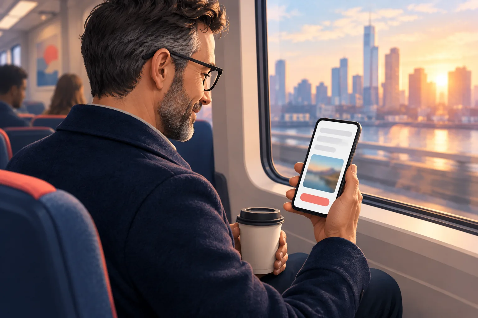 Man on a sunrise commuter train smiling as he opens an email about a new video from his favorite creator