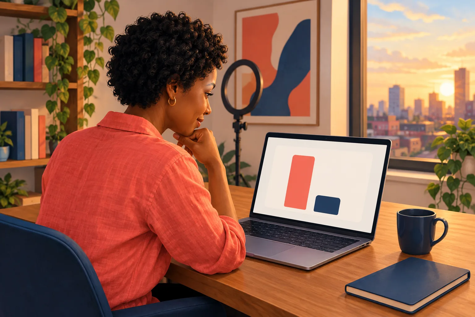 YouTube creator at her desk comparing a tall subscriber bar with a short reach bar on her laptop