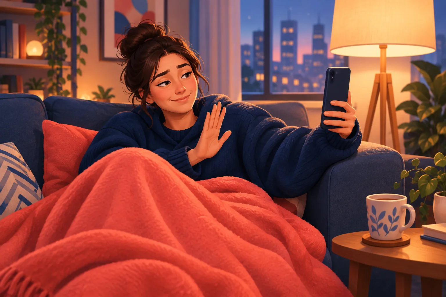 Woman on her sofa at night holding her phone at arm's length and raising a palm, tired of one busy channel's alerts