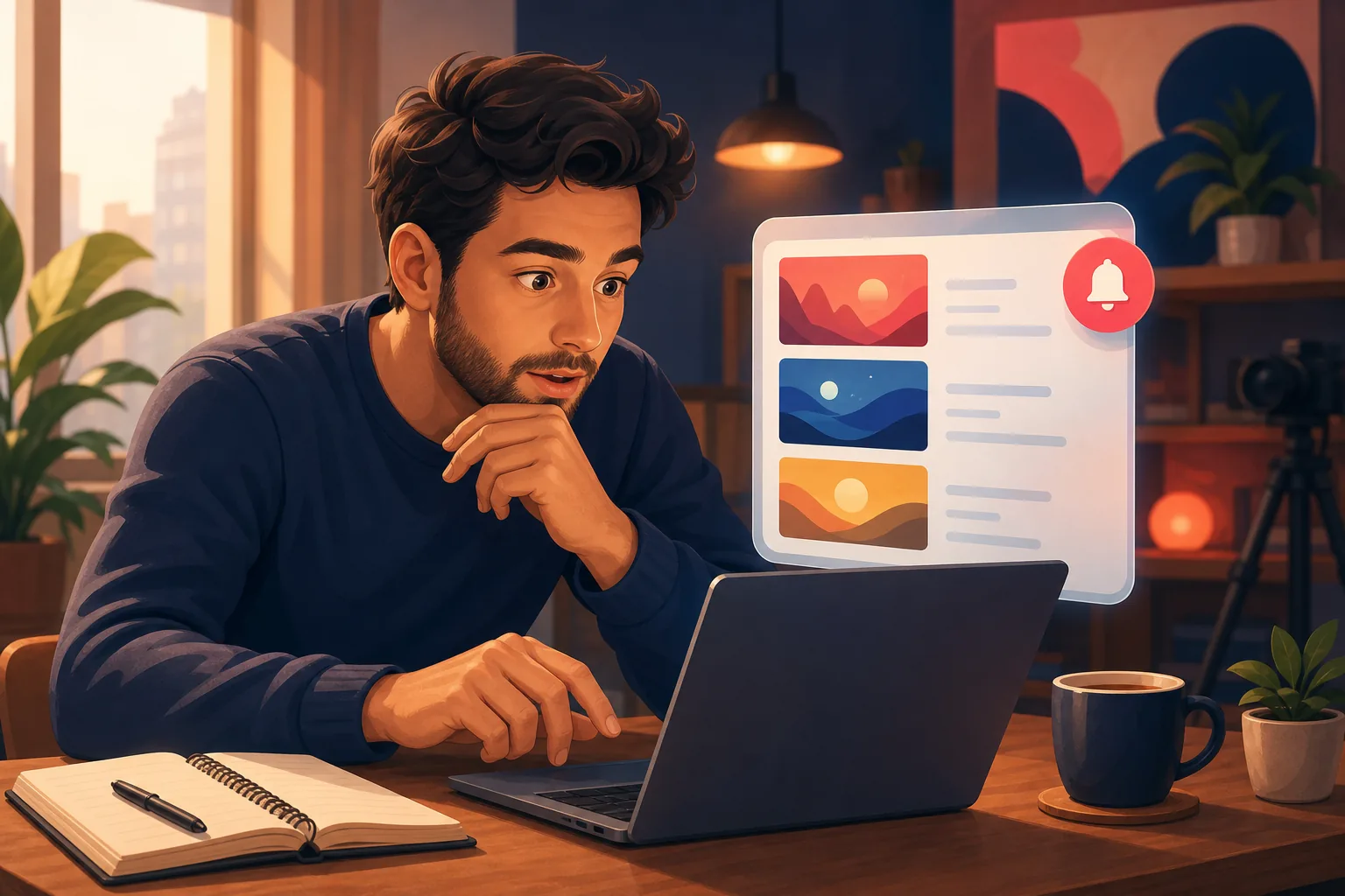 Curious man at his laptop comparing a channel's recent uploads against the alerts he actually received