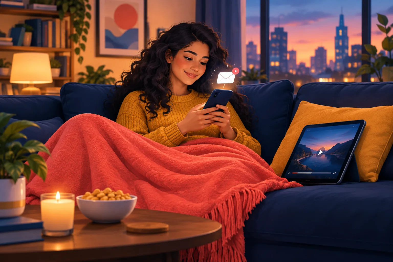 Relaxed woman on her sofa smiling at her phone inbox, where a new email alert has arrived for the latest upload
