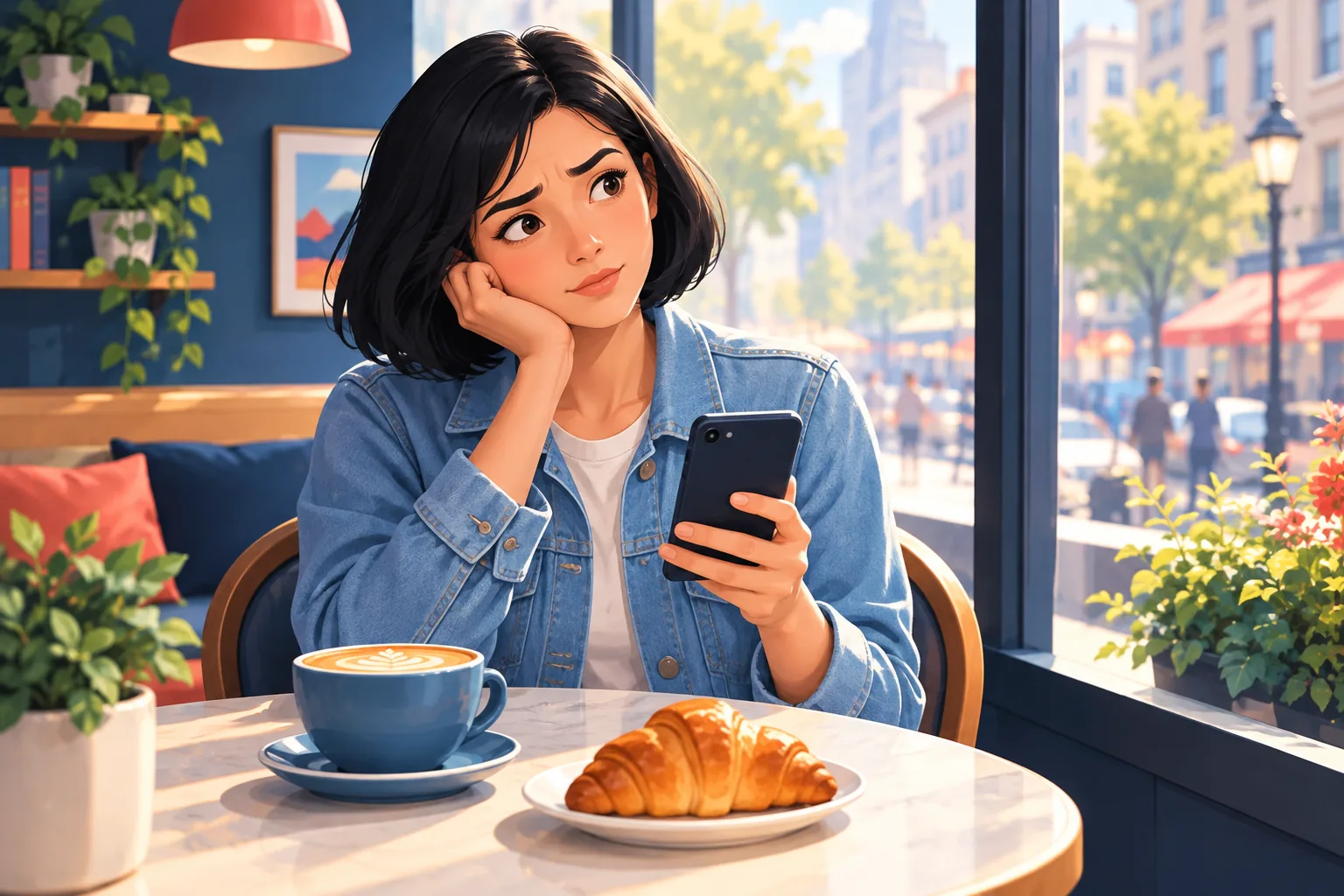 Young woman at a cafe table holding her phone, puzzled that the latest upload from a channel she follows never pinged her