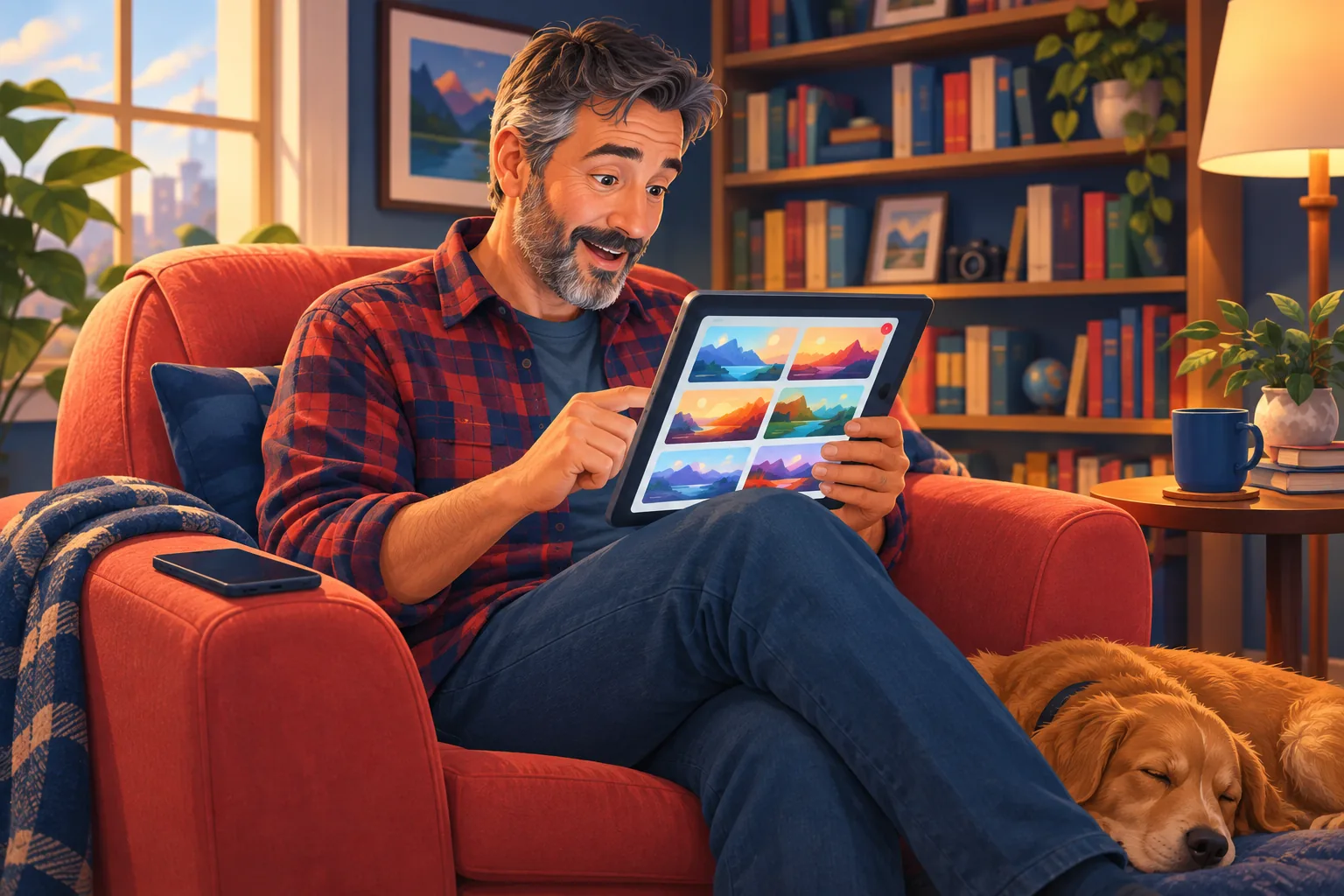 Man in an armchair with a silent phone beside him, surprised by a grid of new videos on a channel page on his tablet