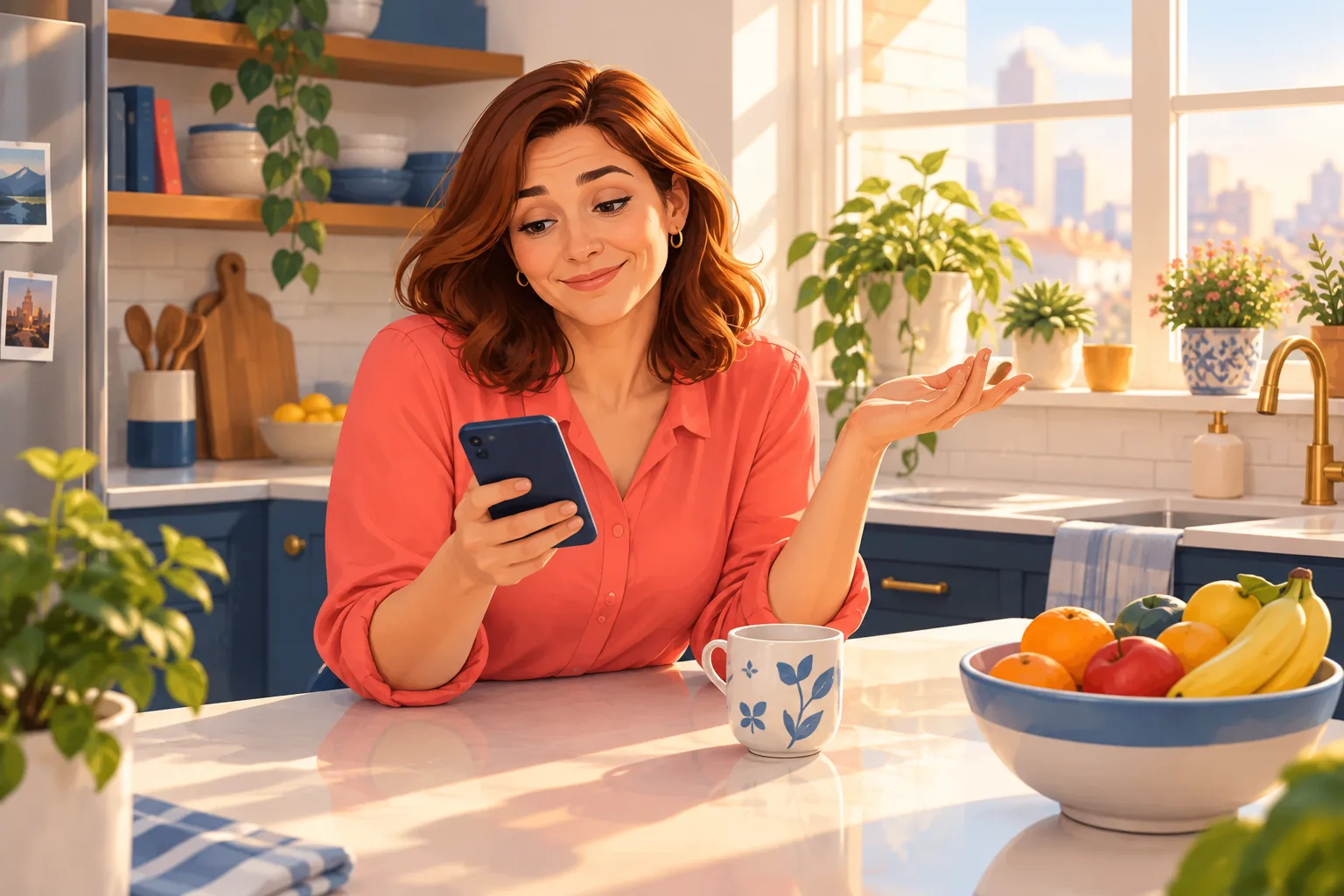 Woman at her kitchen counter flipping through phone settings with a resigned shrug, realizing no switch will raise the limit