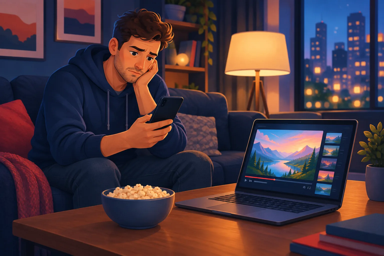 Man on his couch at night frowning at his quiet phone while his laptop shows a channel that posted again today