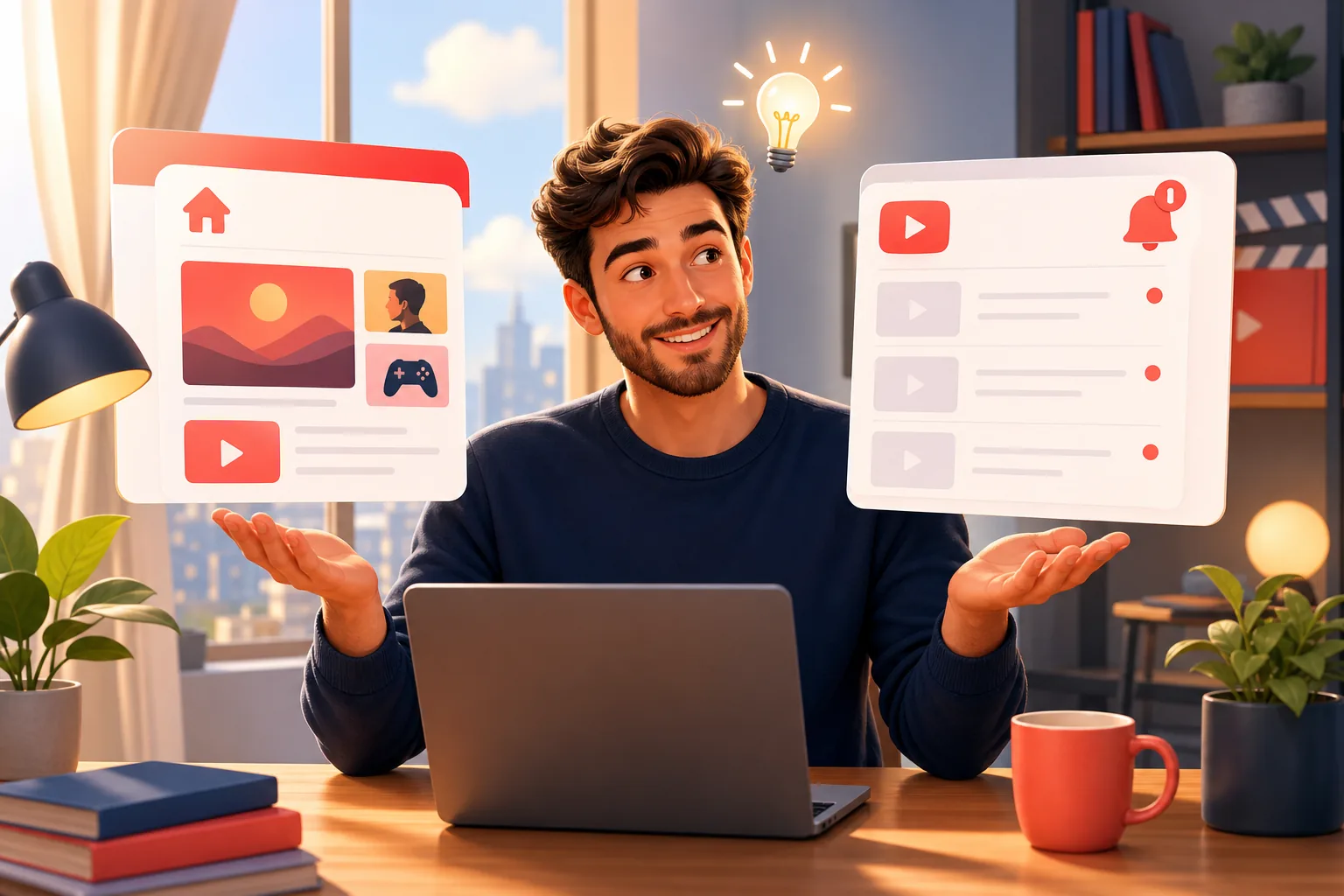 Relaxed man at a bright desk realizing the Home tab and the Subscriptions page are two different things, a thoughtful dawning-understanding smile