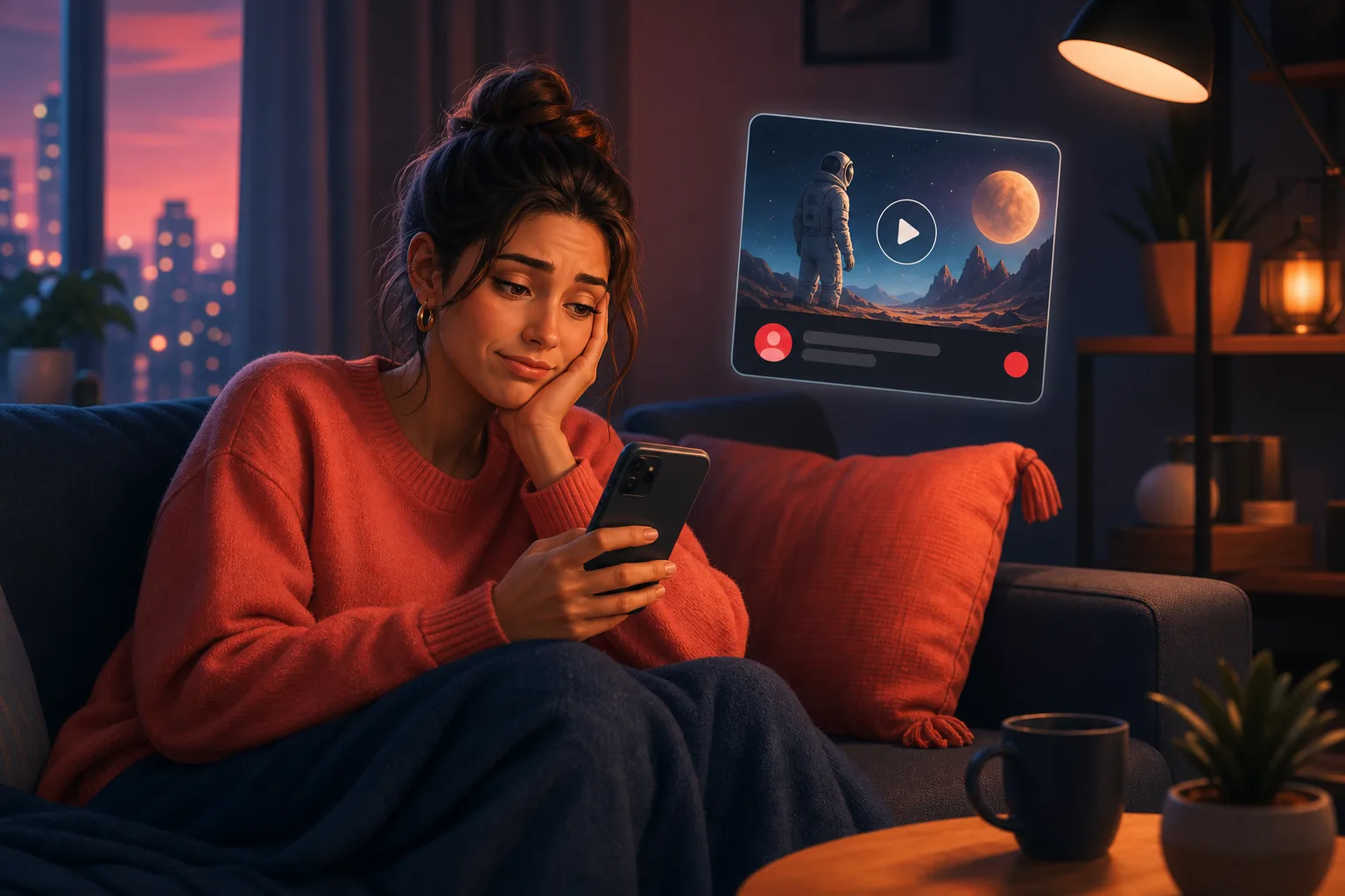 Viewer on her couch looking resigned as the feed serves unfamiliar recommended videos instead of the channels she loves