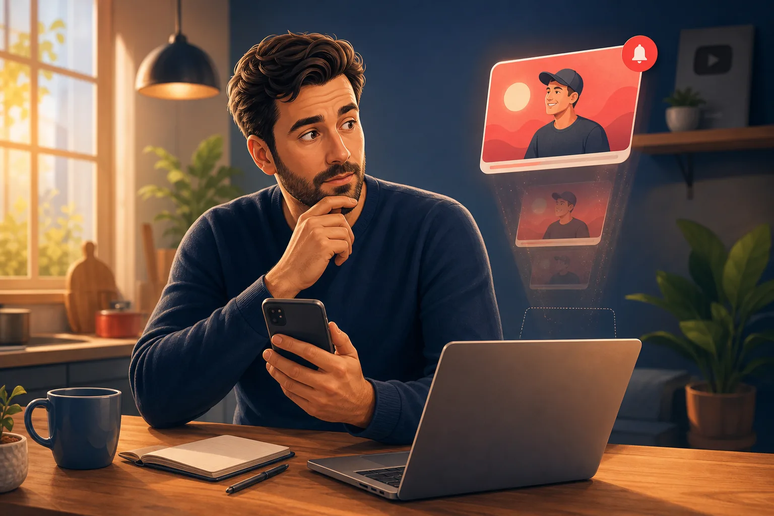 Man at a kitchen table realizing YouTube quietly stopped surfacing a favorite channel simply because he had not watched in a while