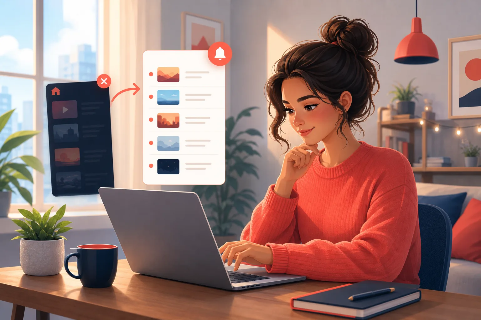 Focused woman at a tidy desk navigating straight to a plain chronological list instead of the noisy Home feed, a small determined smile