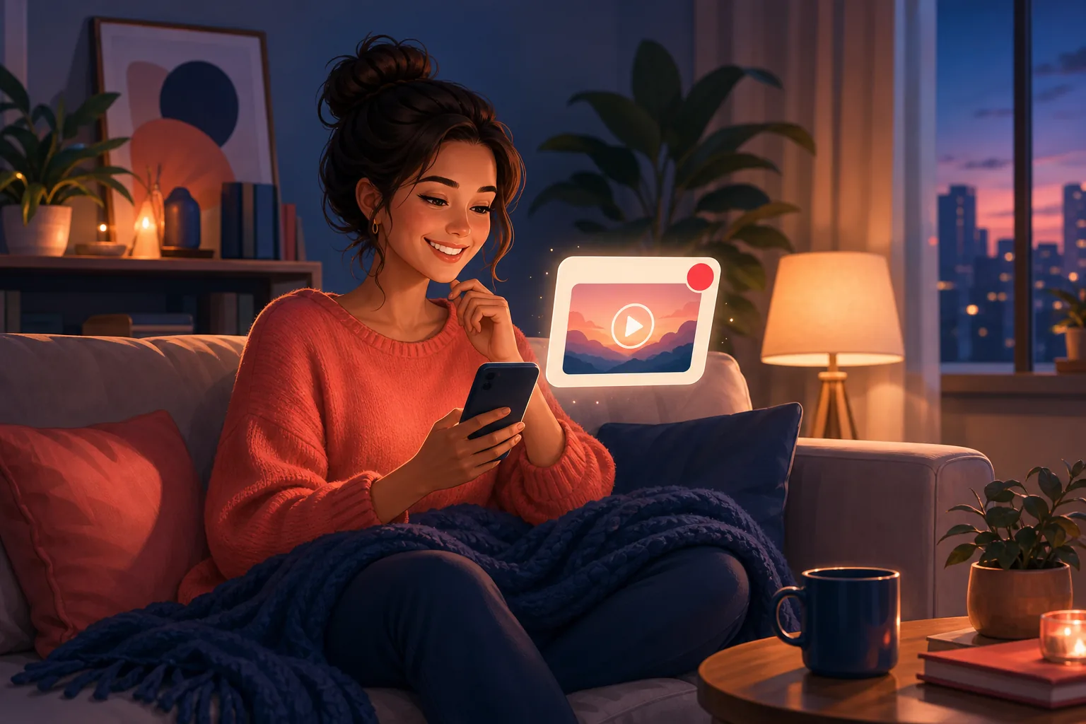 Content woman smiling on her sofa as a single clean email alert lands on her phone, a fresh video ready to play