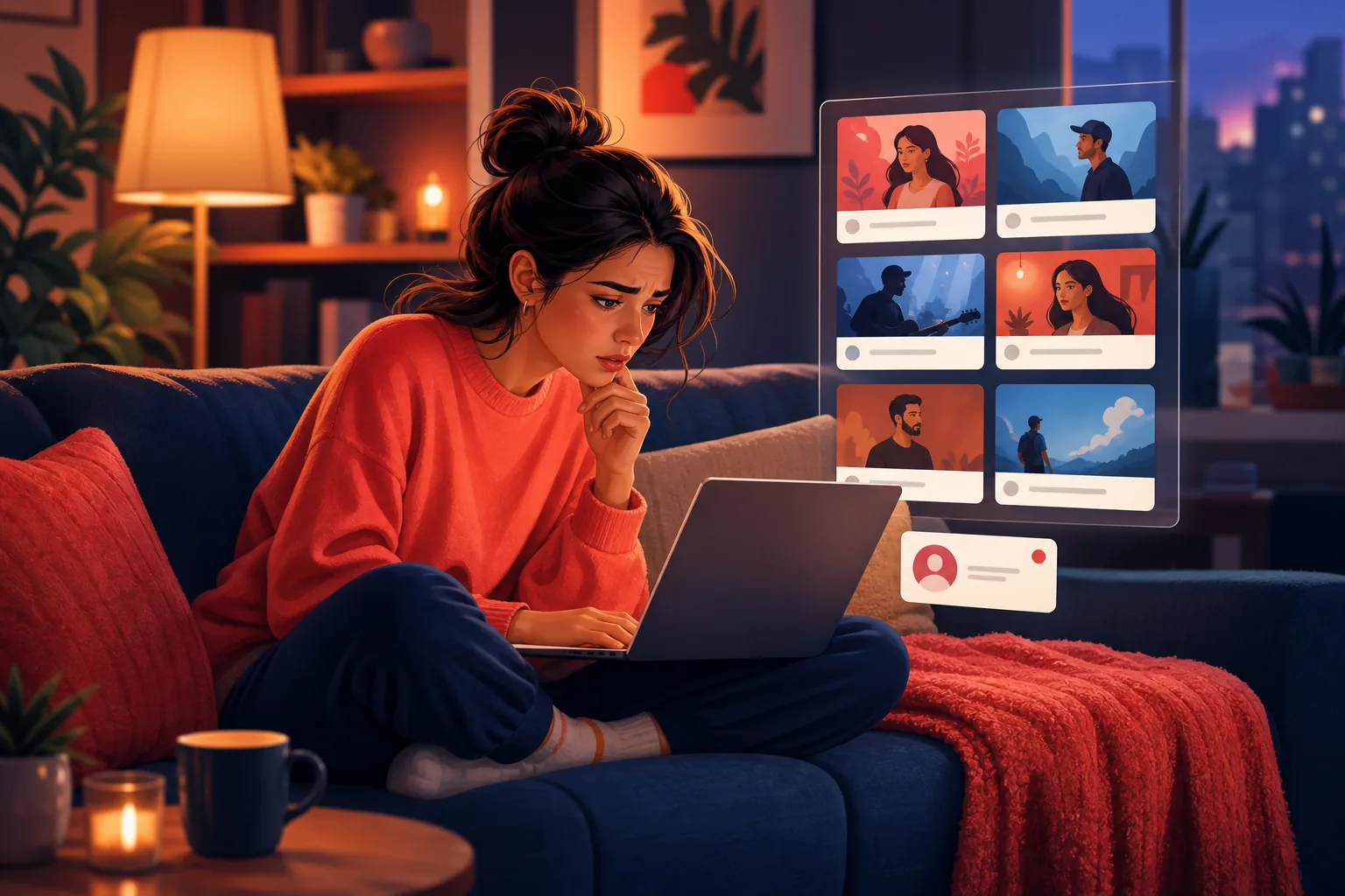 Puzzled woman on her sofa scrolling a YouTube Home feed full of strangers, unable to find the channels she subscribed to