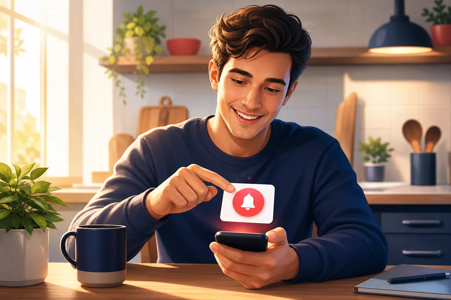 Cheerful young man tapping a single friendly bell badge on his phone, trusting he will hear about every video