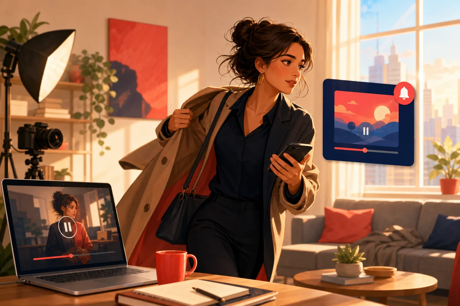 Busy woman hurrying through her day, her video-watching on pause as a month quietly slips by