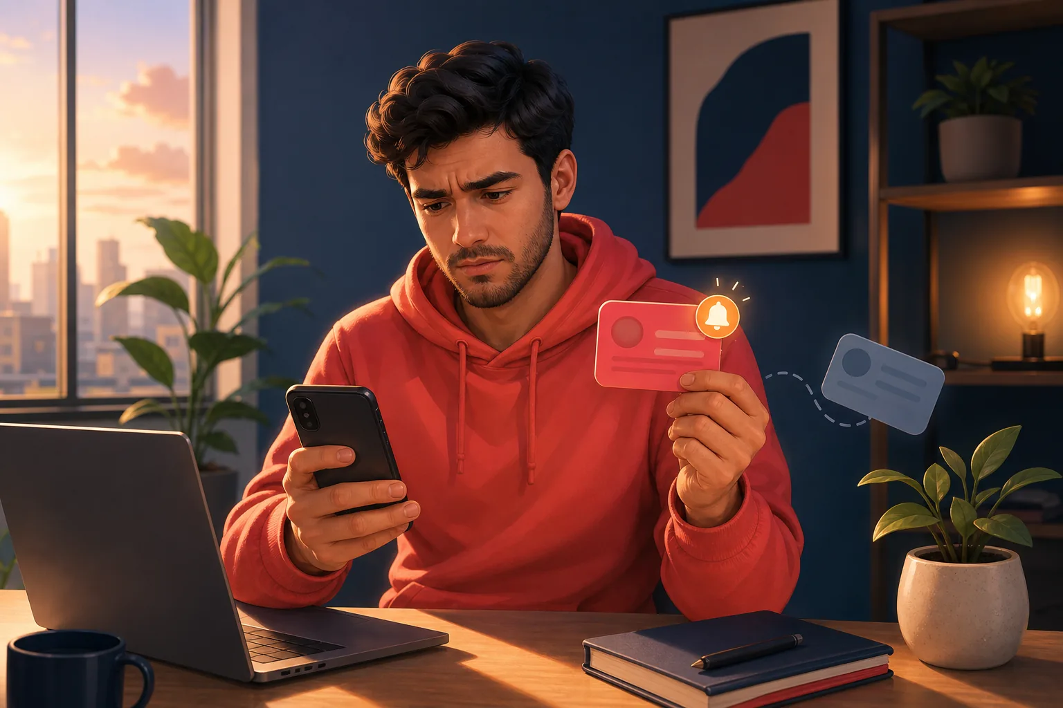 Man frowning at his phone, one bright badge that looks switched on while a dimmed alert drifts away unseen