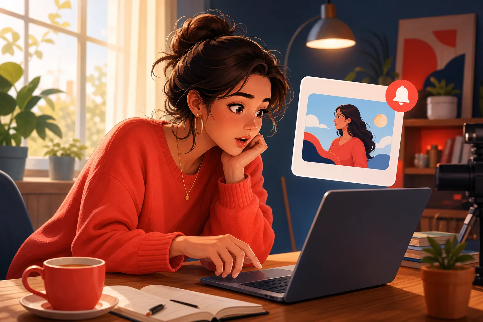 Curious woman comparing what she remembers with her feed, realizing an upload slipped past her