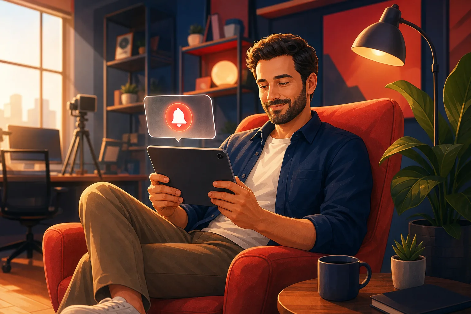 Relaxed man calmly watching a video, taking his upload alerts back into his own hands