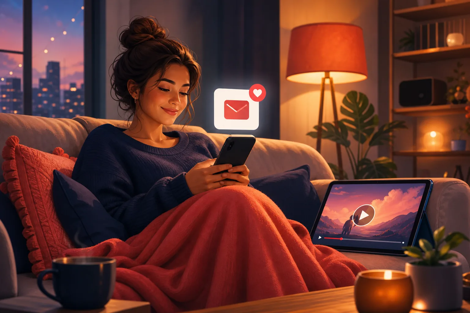 Woman relaxing on her couch at night, smiling at a single email upload alert arriving on her phone