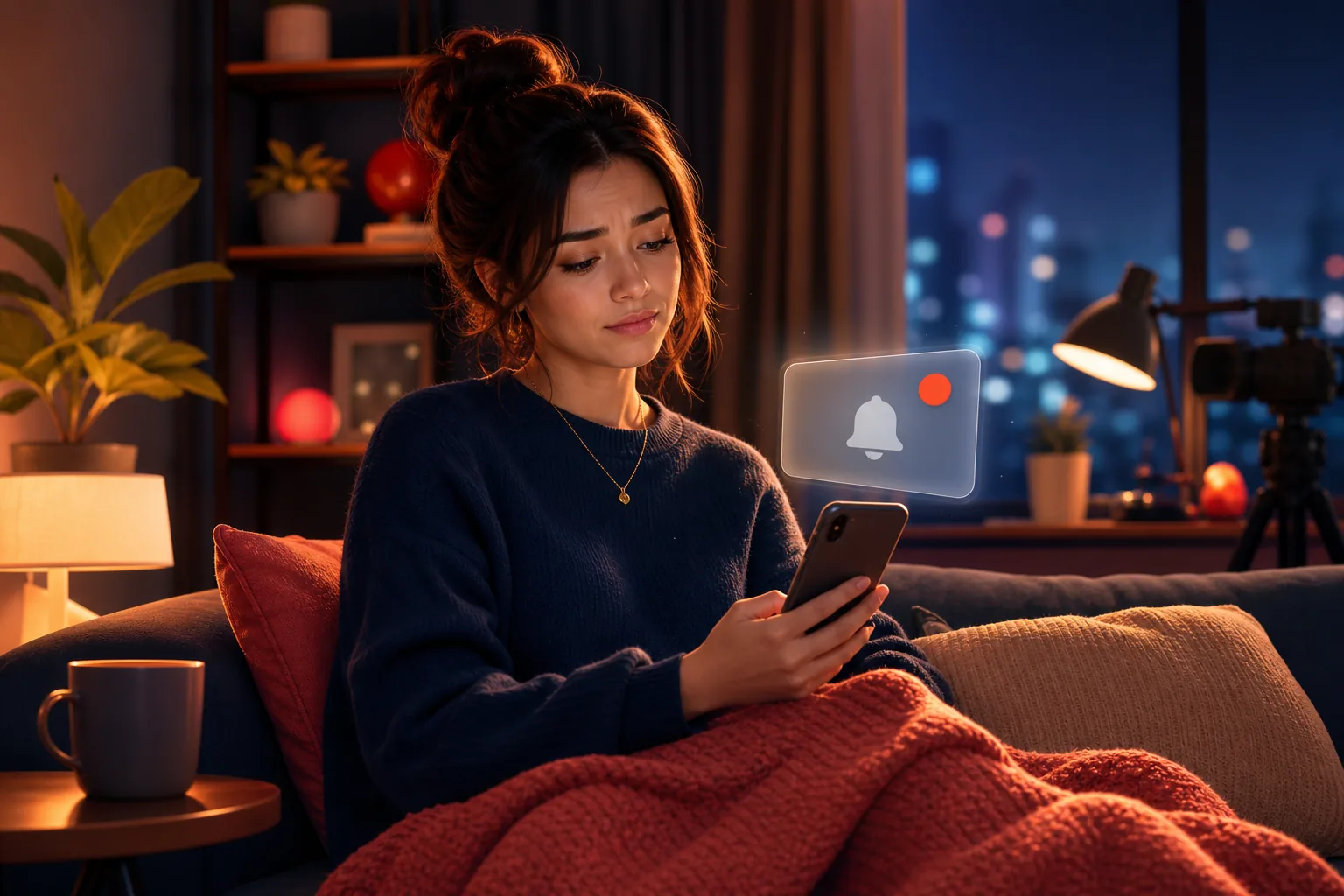 Viewer on her couch at night puzzled by a dimmed YouTube notification that never arrived