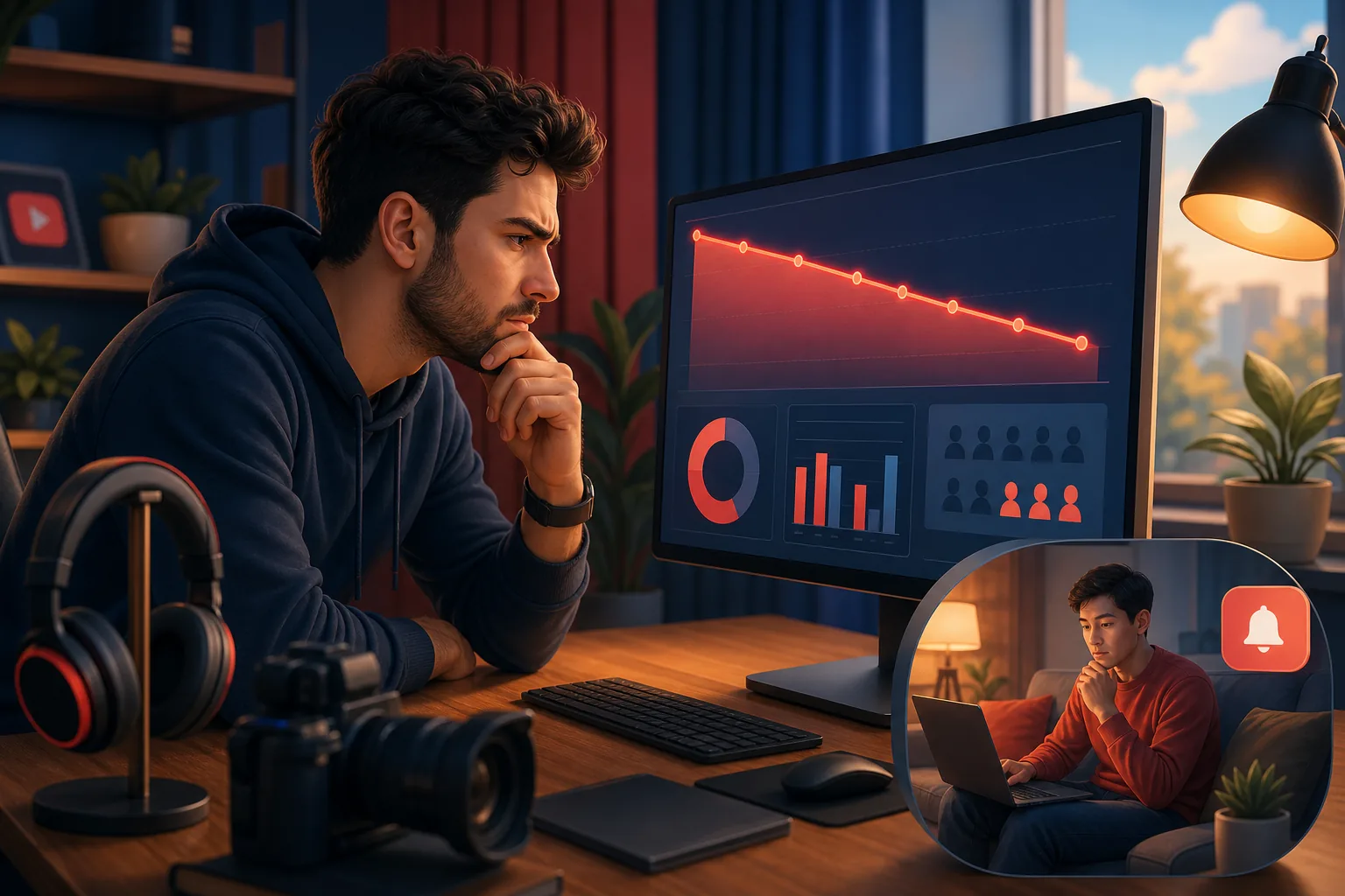 Creator studying a falling reach chart on his monitor with a concerned, thoughtful look