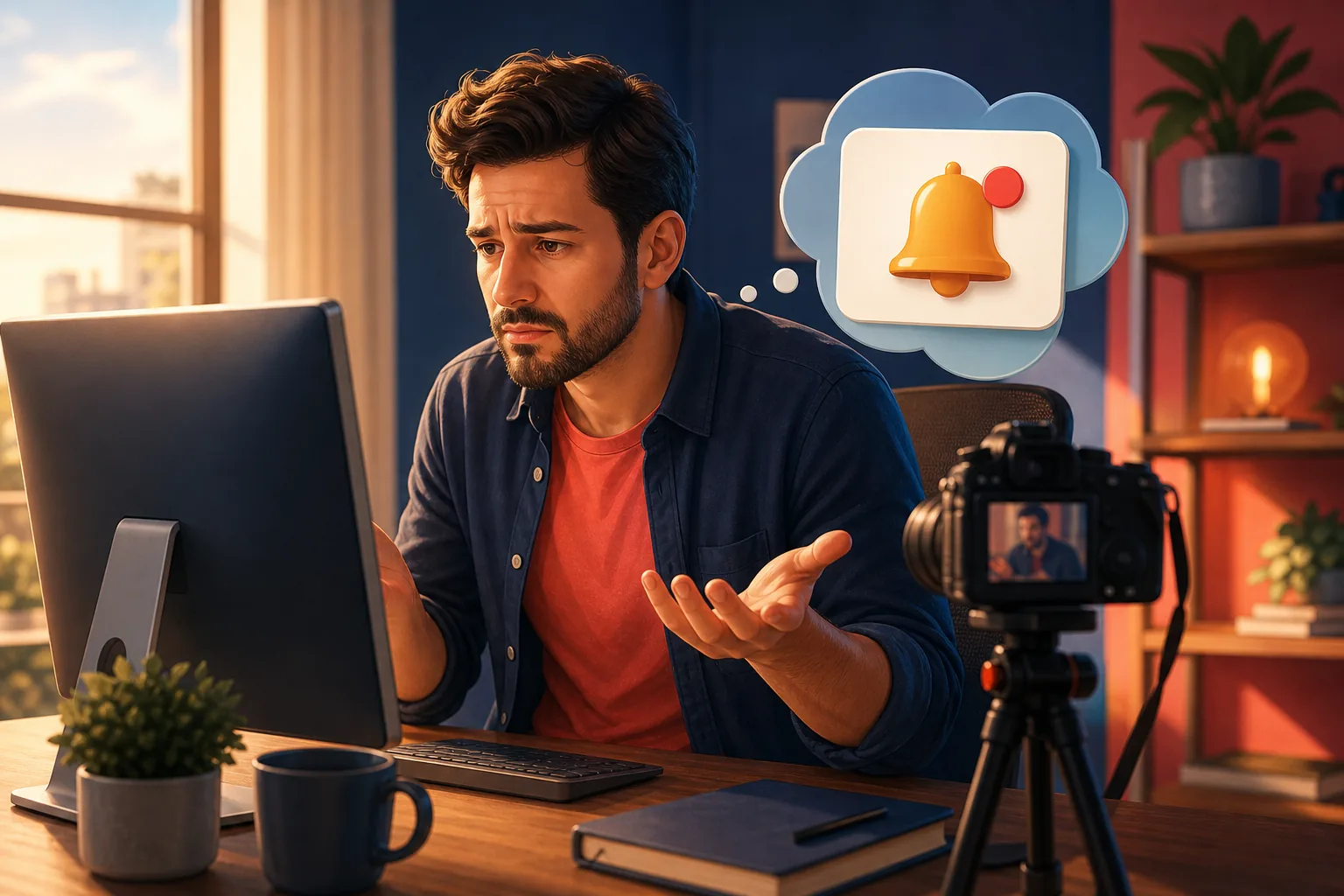 Creator at his desk searching Studio settings for an off switch that is not there