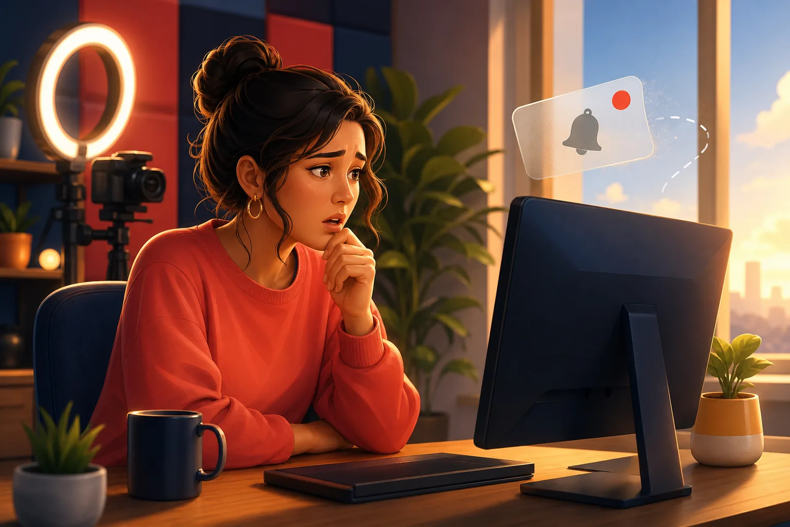 YouTube creator at her desk realizing the bell now skips many of her subscribers