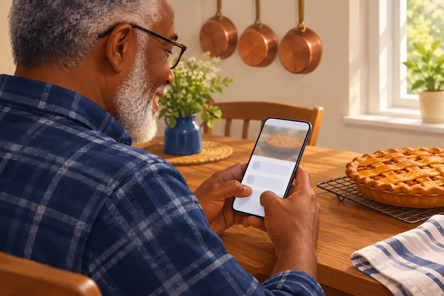Older man with a white beard at a kitchen table typing a comment on his phone beside a freshly baked pie