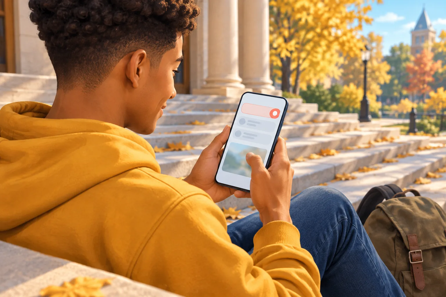 Young man in a mustard hoodie on library steps switching on a coral toggle on his phone, autumn leaves around him