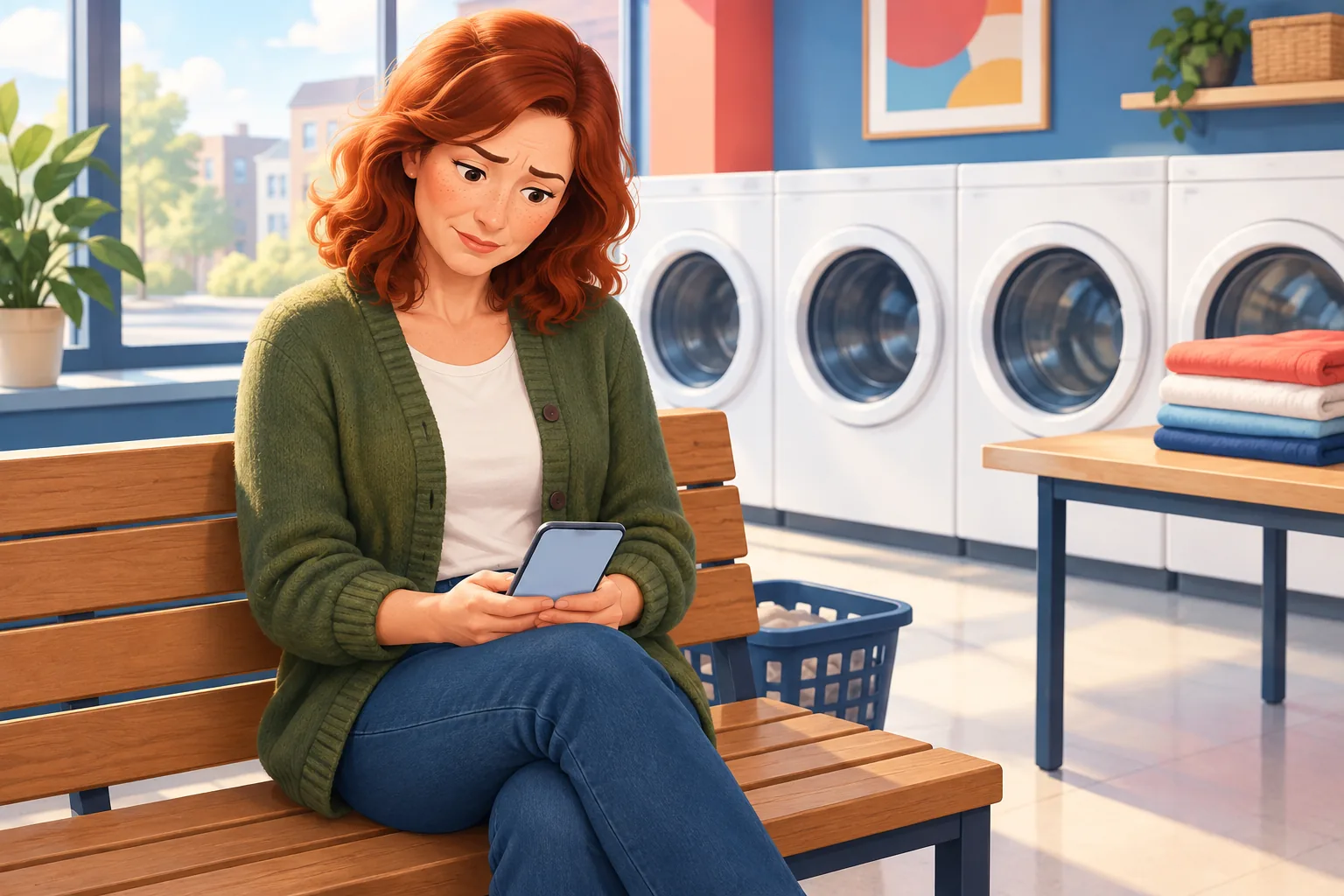 Woman in a green cardigan on a laundromat bench frowning at her silent phone, waiting for a reply