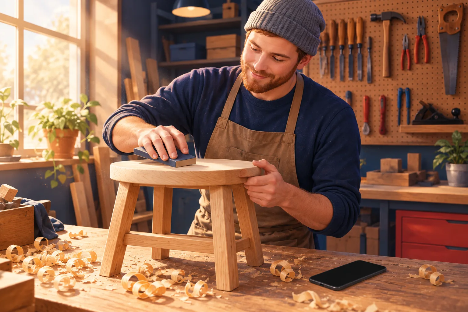 Smiling man in a beanie sanding a wooden stool in his workshop, his phone lying quiet on the bench