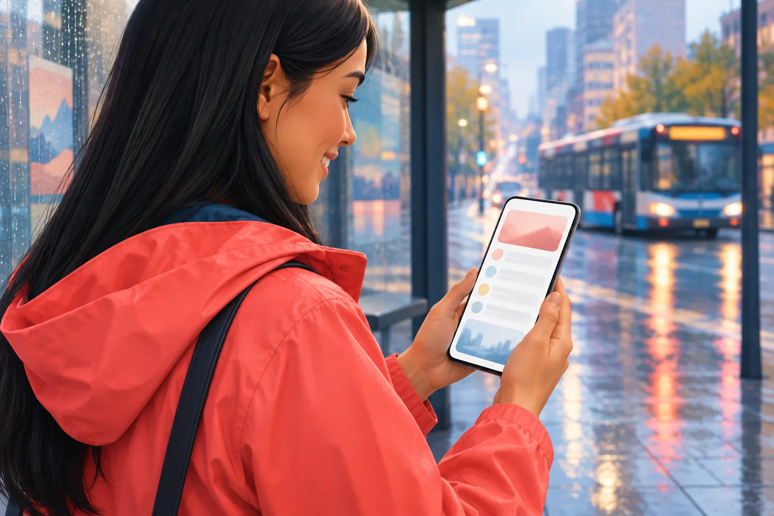 Young woman in a coral rain jacket at a bus stop smiling at a new-upload email on her phone