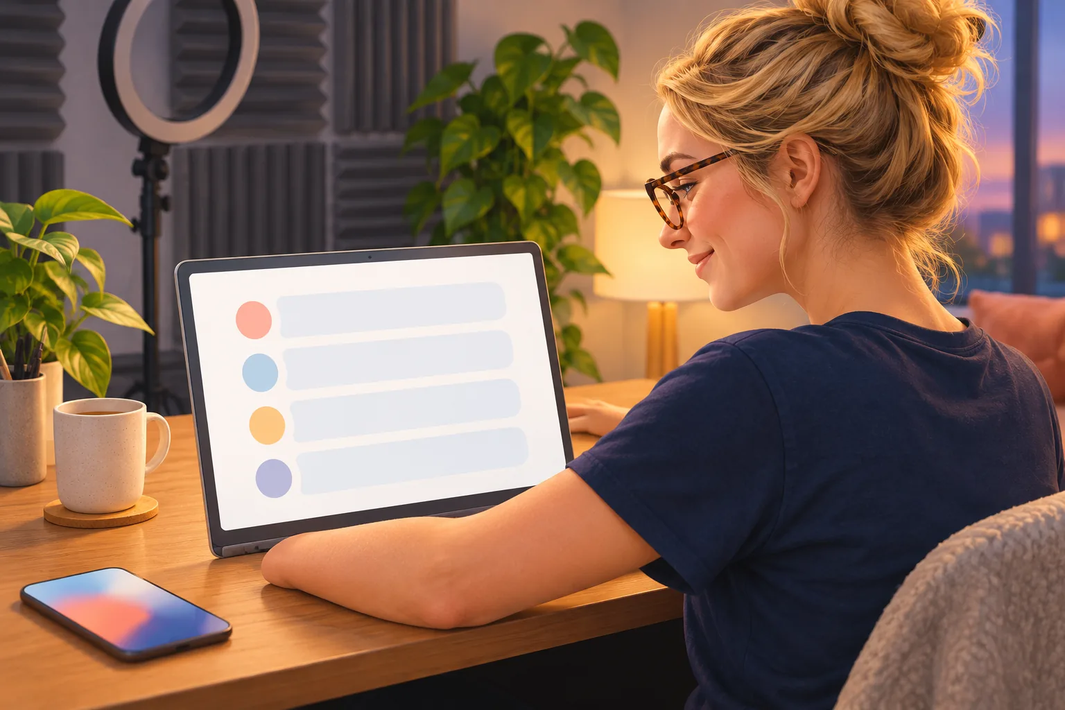 Creator in glasses at her studio desk smiling as she reads a list of comments on her laptop