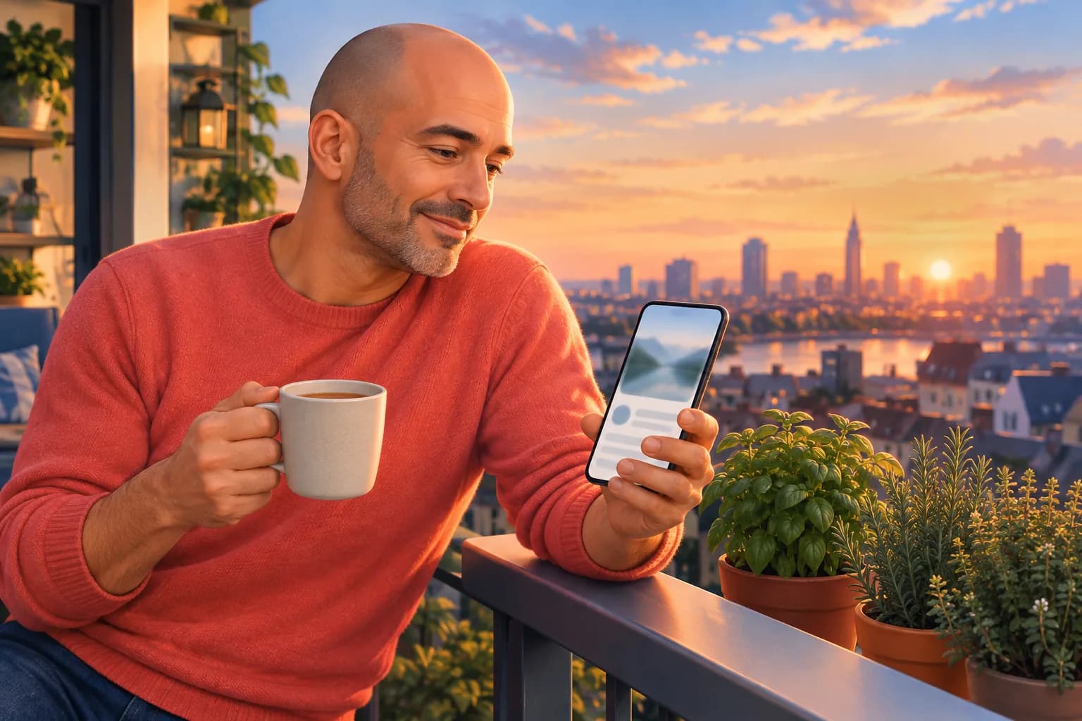Man in a coral sweater on a sunset balcony holding a mug of tea and smiling at a video on his phone