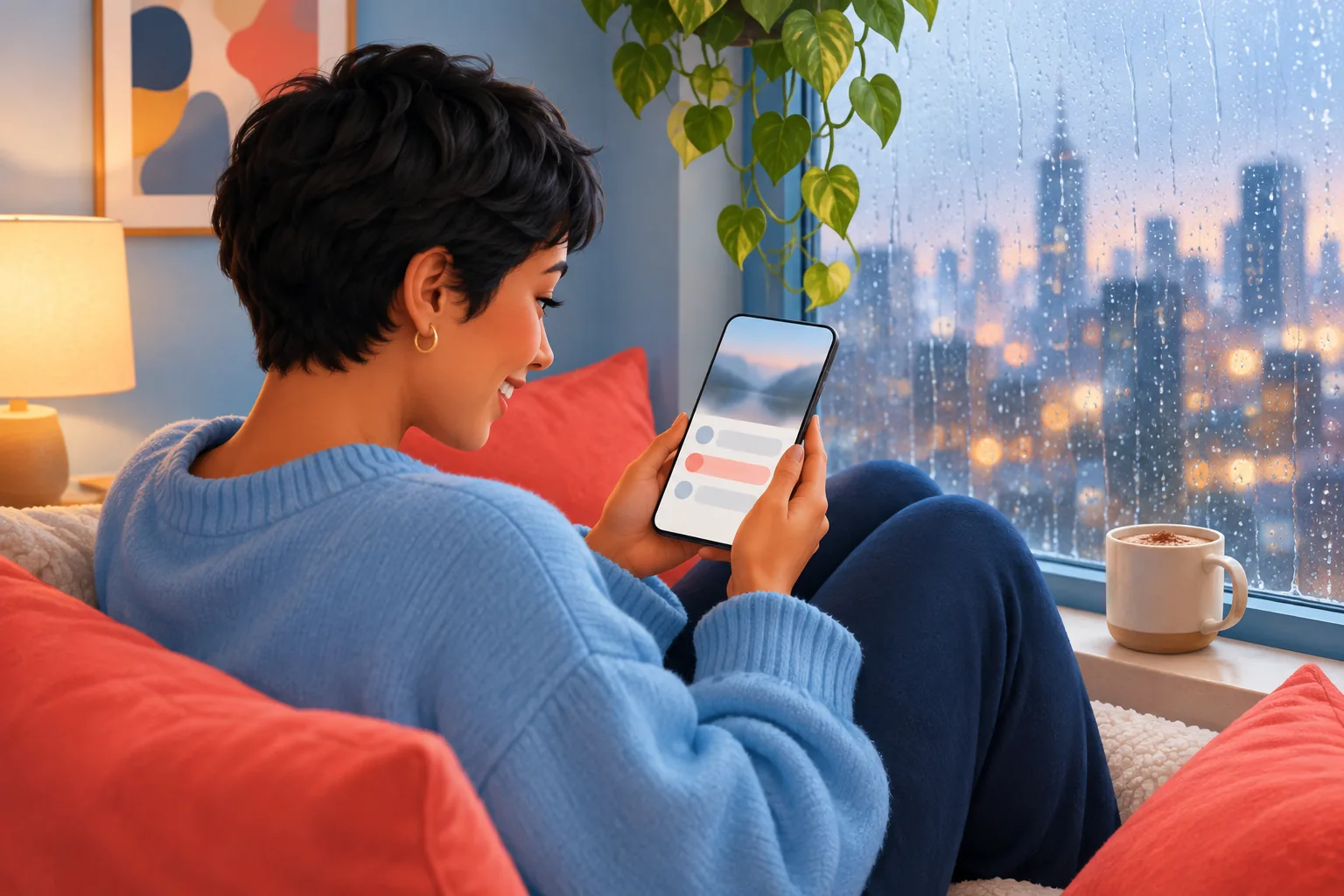 Smiling woman in a blue sweater on a rainy window seat reading a new reply on her phone, a mug of cocoa on the sill