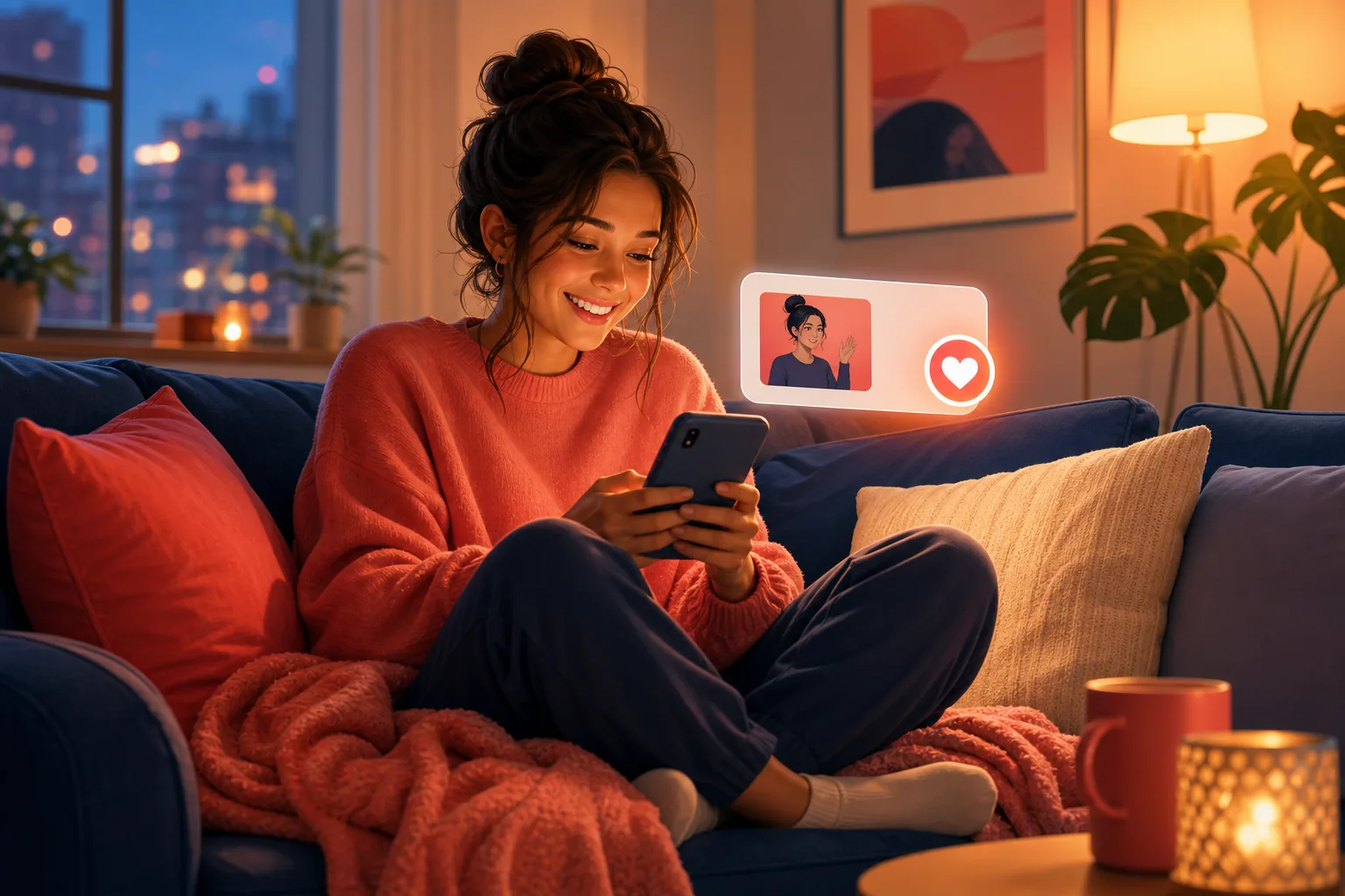 A happy fan on her couch reading an update from a creator she follows