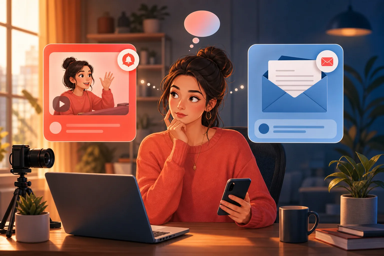 YouTube creator at her desk deciding between community posts and email to reach her fans