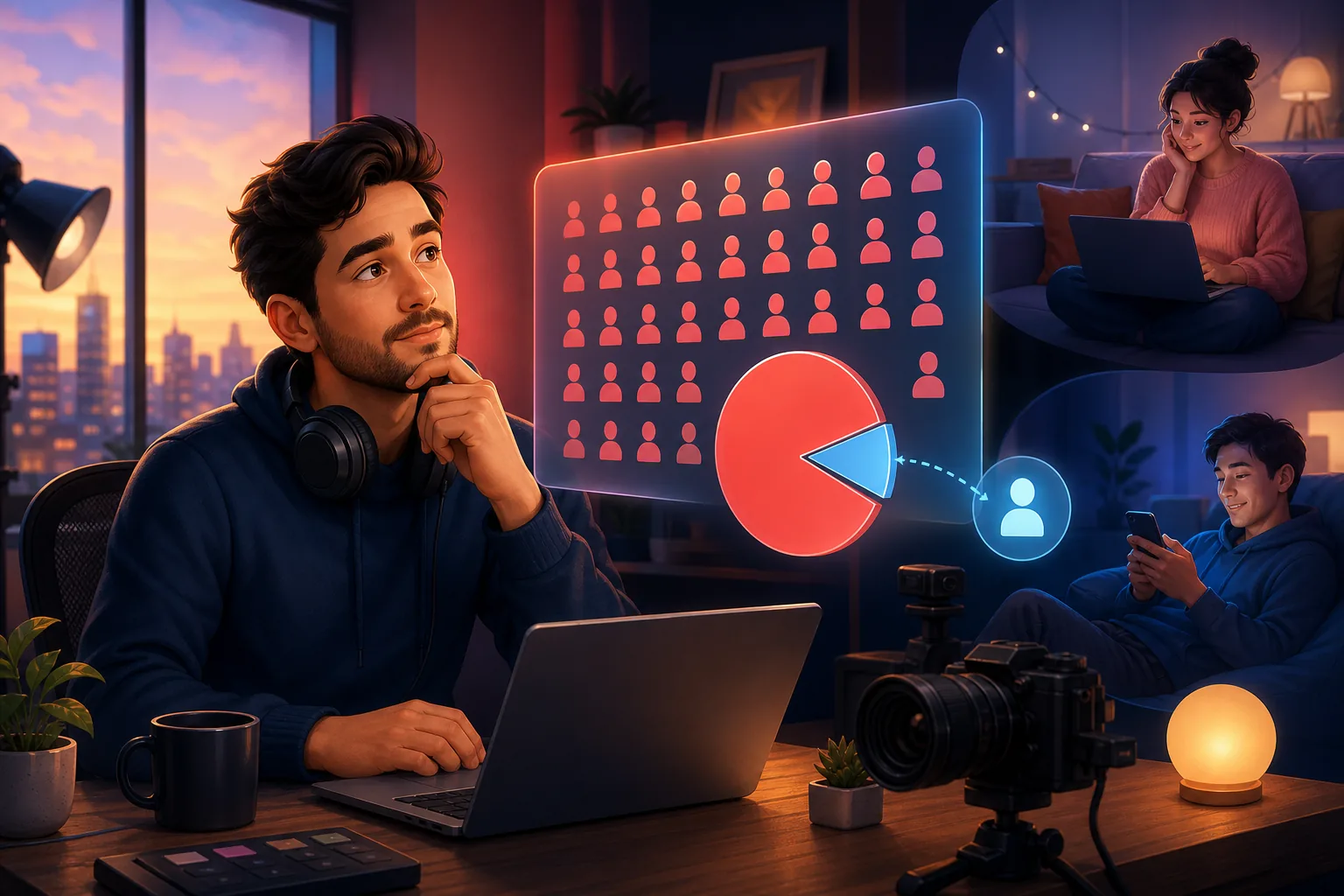 Creator at his desk studying a chart that shows only a small slice of his subscribers are reachable