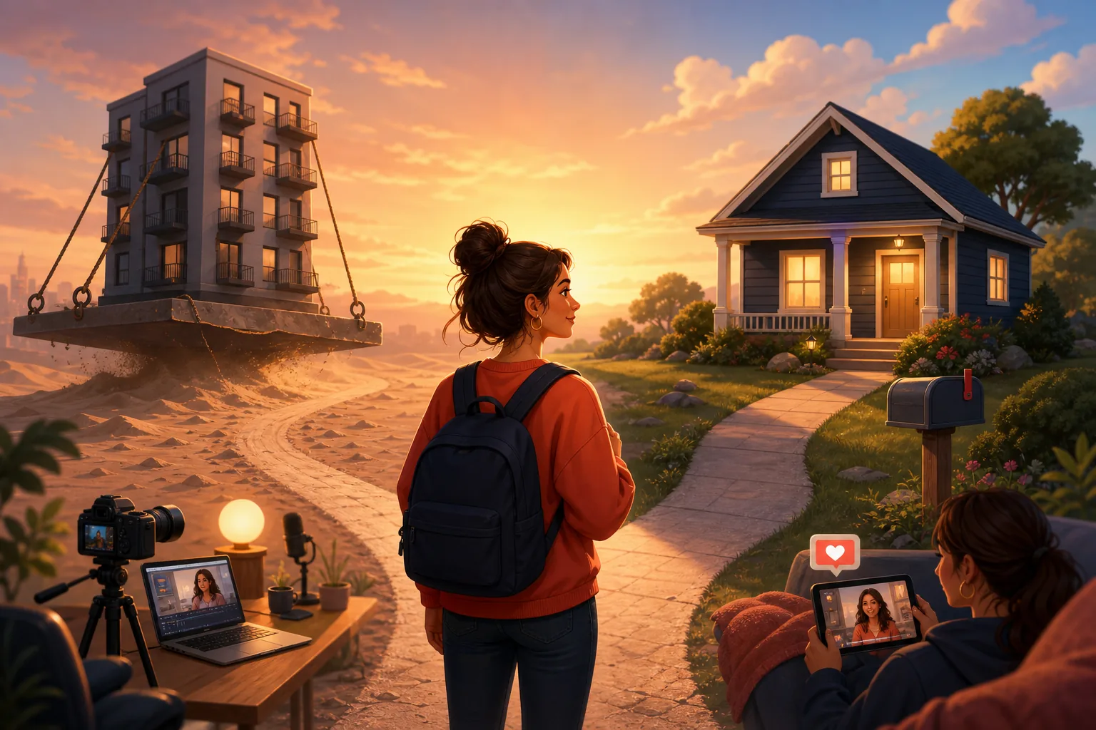 Creator choosing between an apartment block hanging over sand and a small house of her own with a mailbox