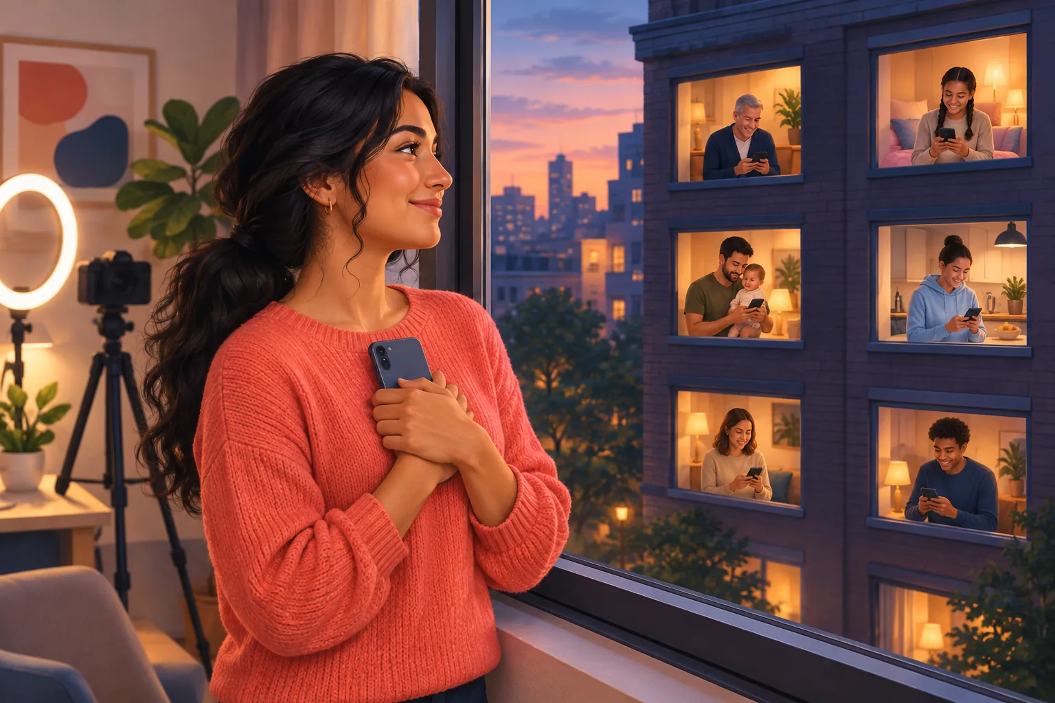 Creator at her studio window at dusk holding her phone, smiling as fans in the windows across the street read her email