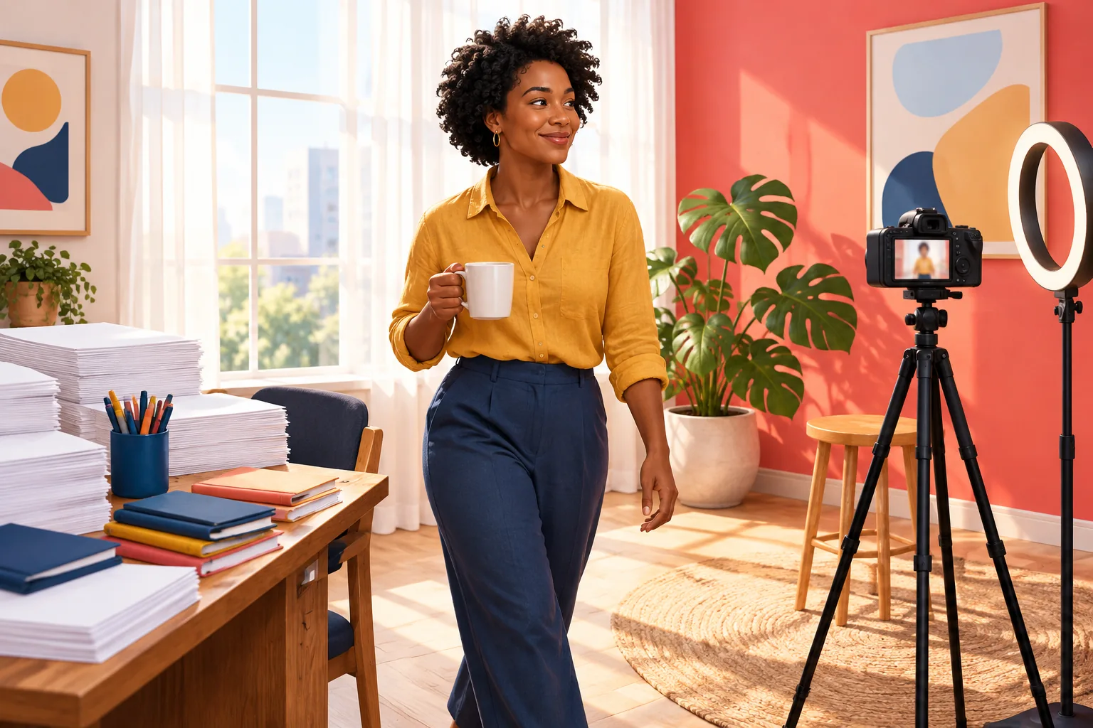Creator in a sunny home office walking past a desk piled with blank paper toward her camera and ring light