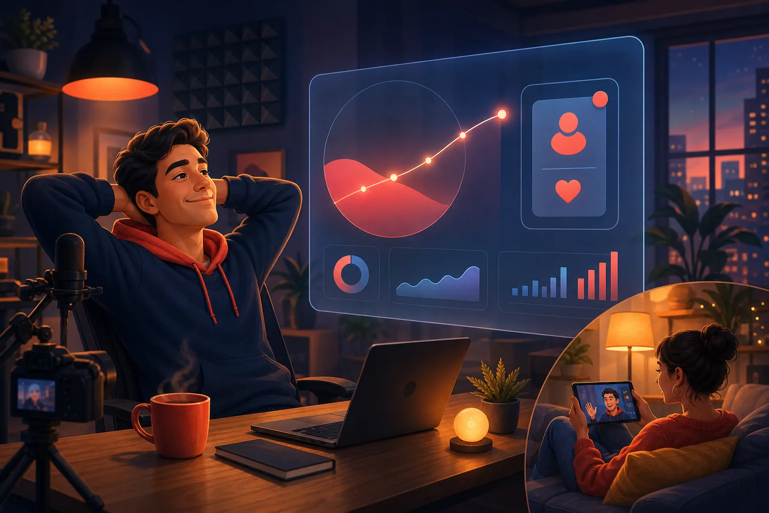 Relaxed creator leaning back at his desk while a fan at home watches his new video on a tablet