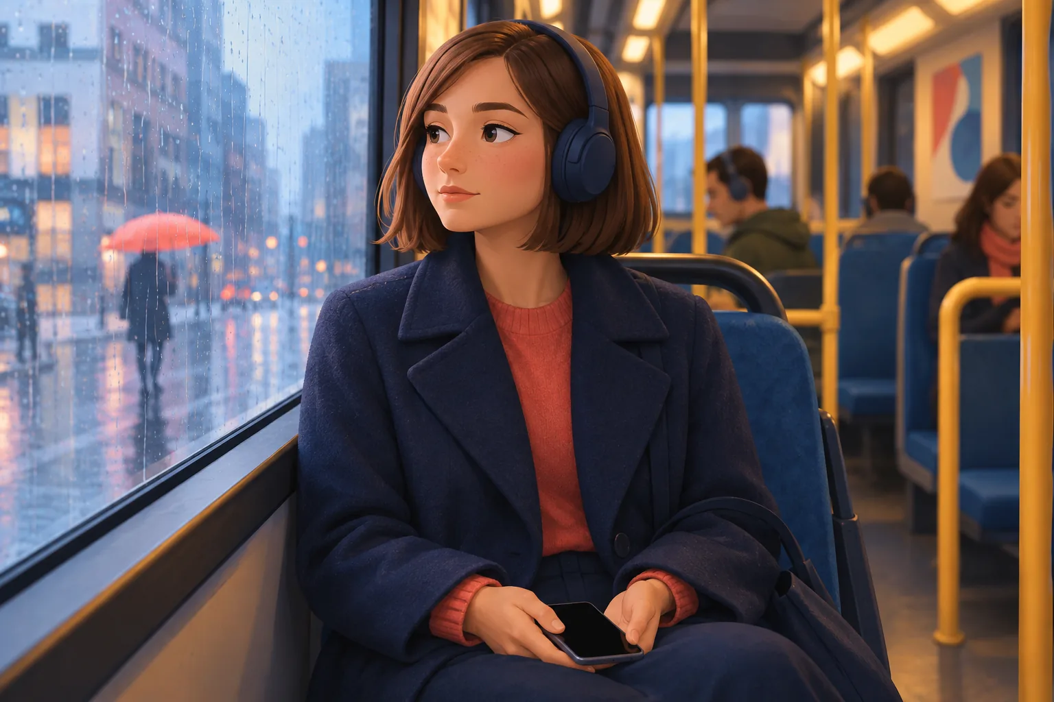 Commuter on a rainy city bus gazing out the window, her phone dark and silent in her lap