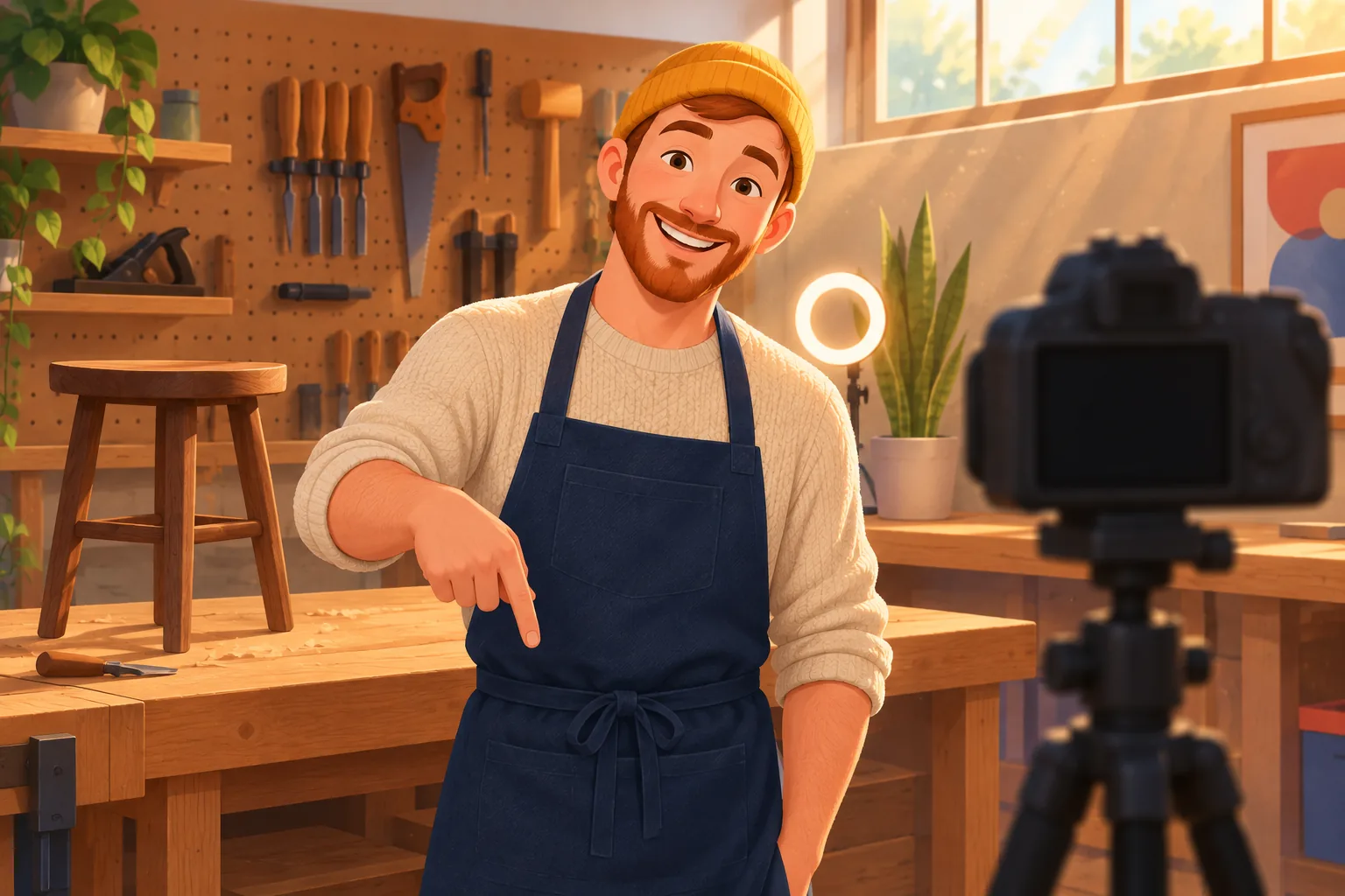 Smiling woodworker in his workshop pointing down toward his video description while filming his outro