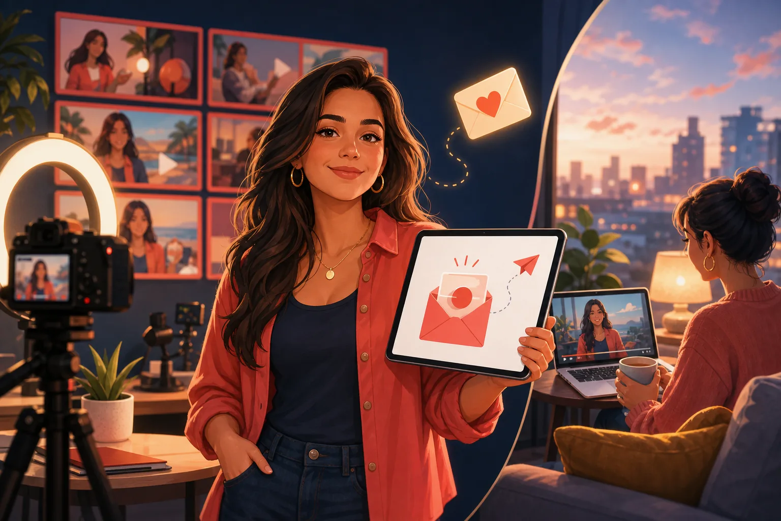 Smiling creator in her home studio holding a tablet with an upload email, as a fan watches her new video at home