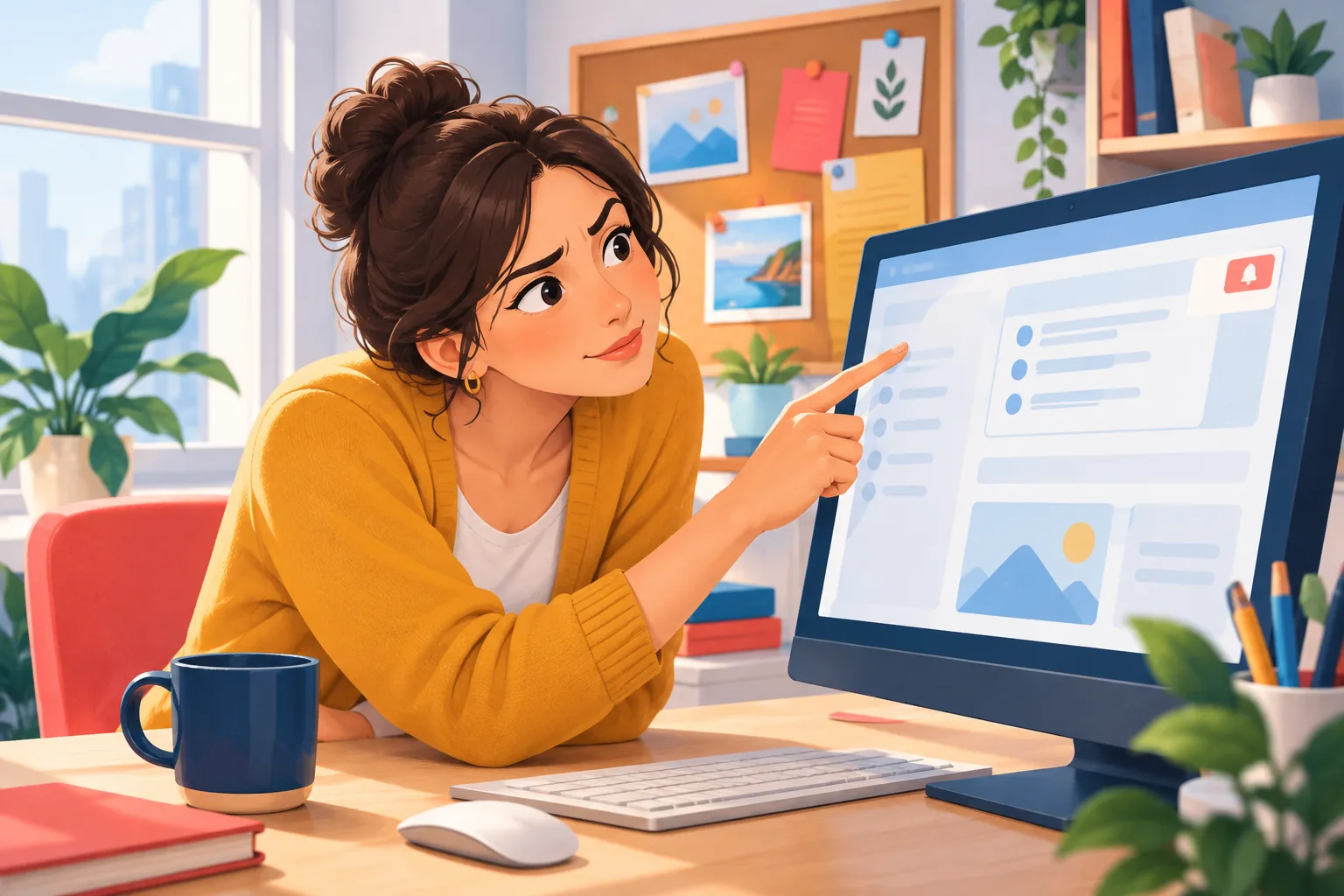 Woman leaning toward her monitor with a puzzled expression, realizing the list inside the page is not the pop-up she expected
