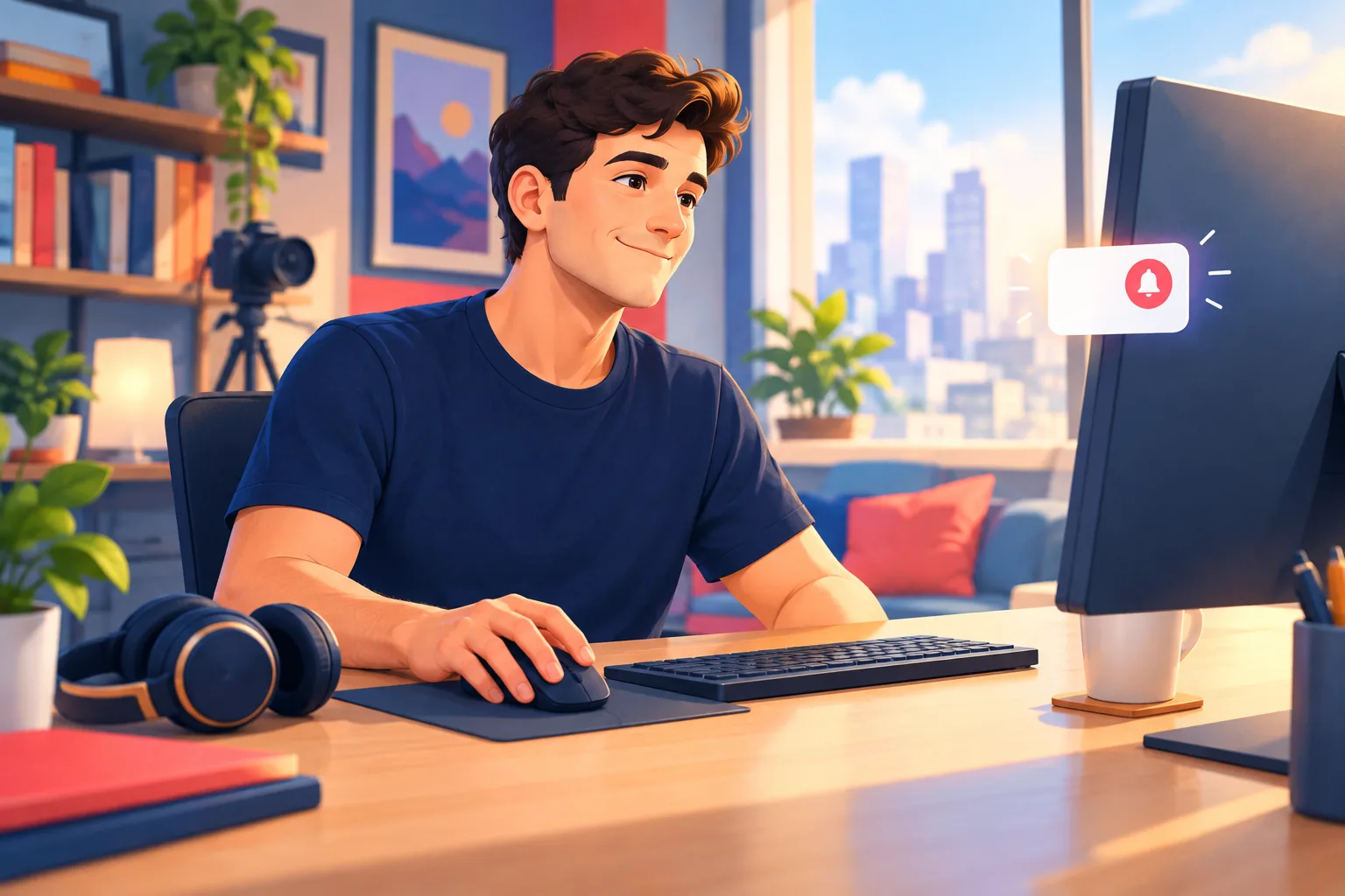 Young man at a desk clicking Allow on a browser permission prompt, a small satisfied nod as the setting finally sticks