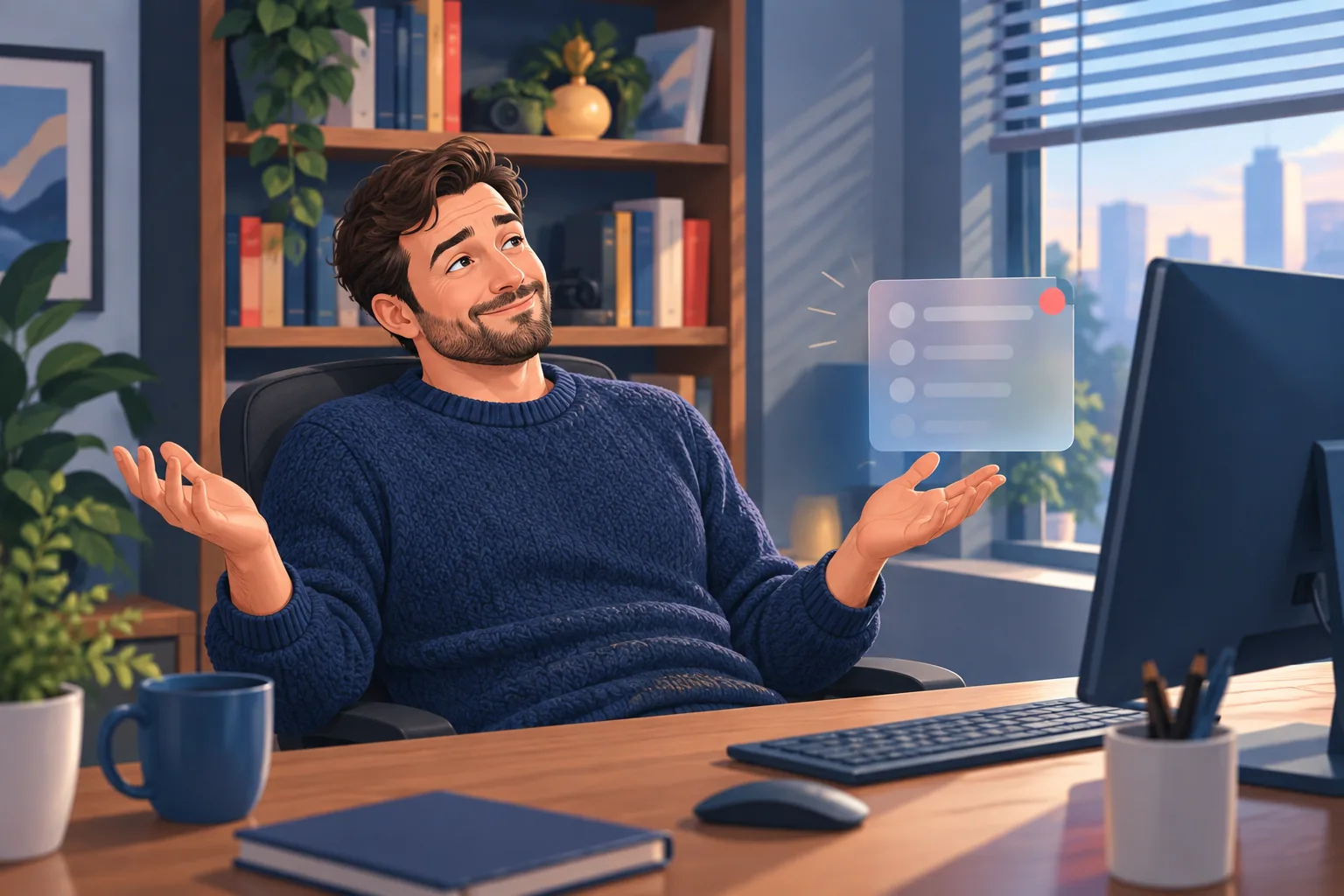 Man in a quiet home office realizing his computer has been in focus mode all afternoon, alerts silently piling up
