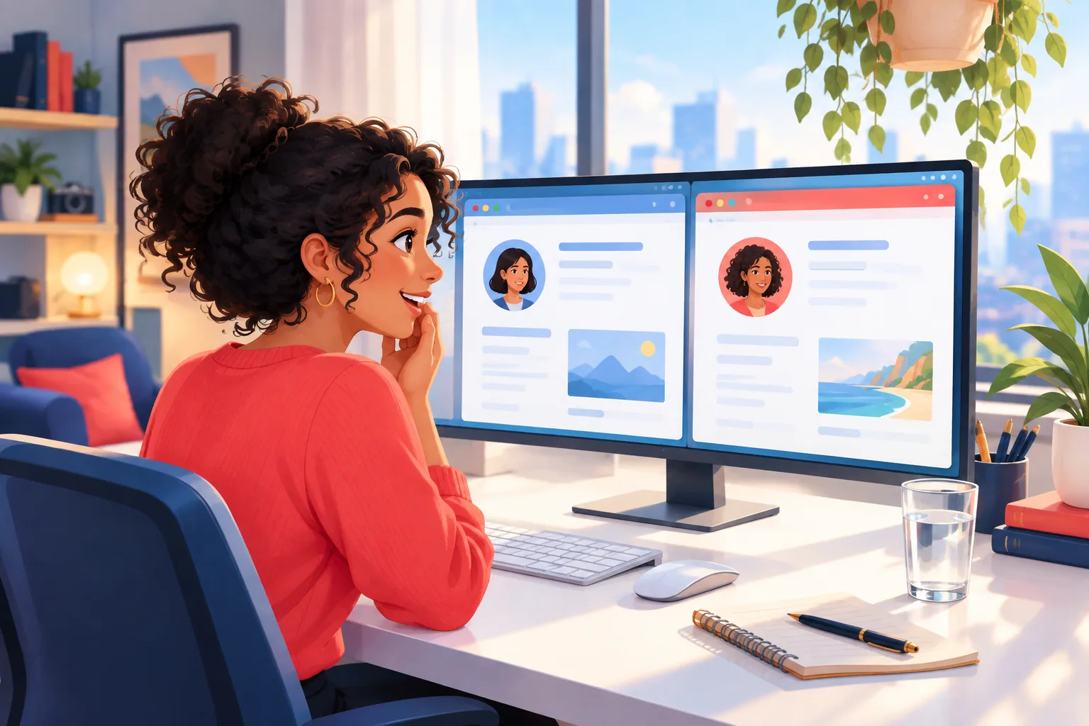 Woman at a bright desk discovering she was signed into a different account in a second browser window, a small relieved smile
